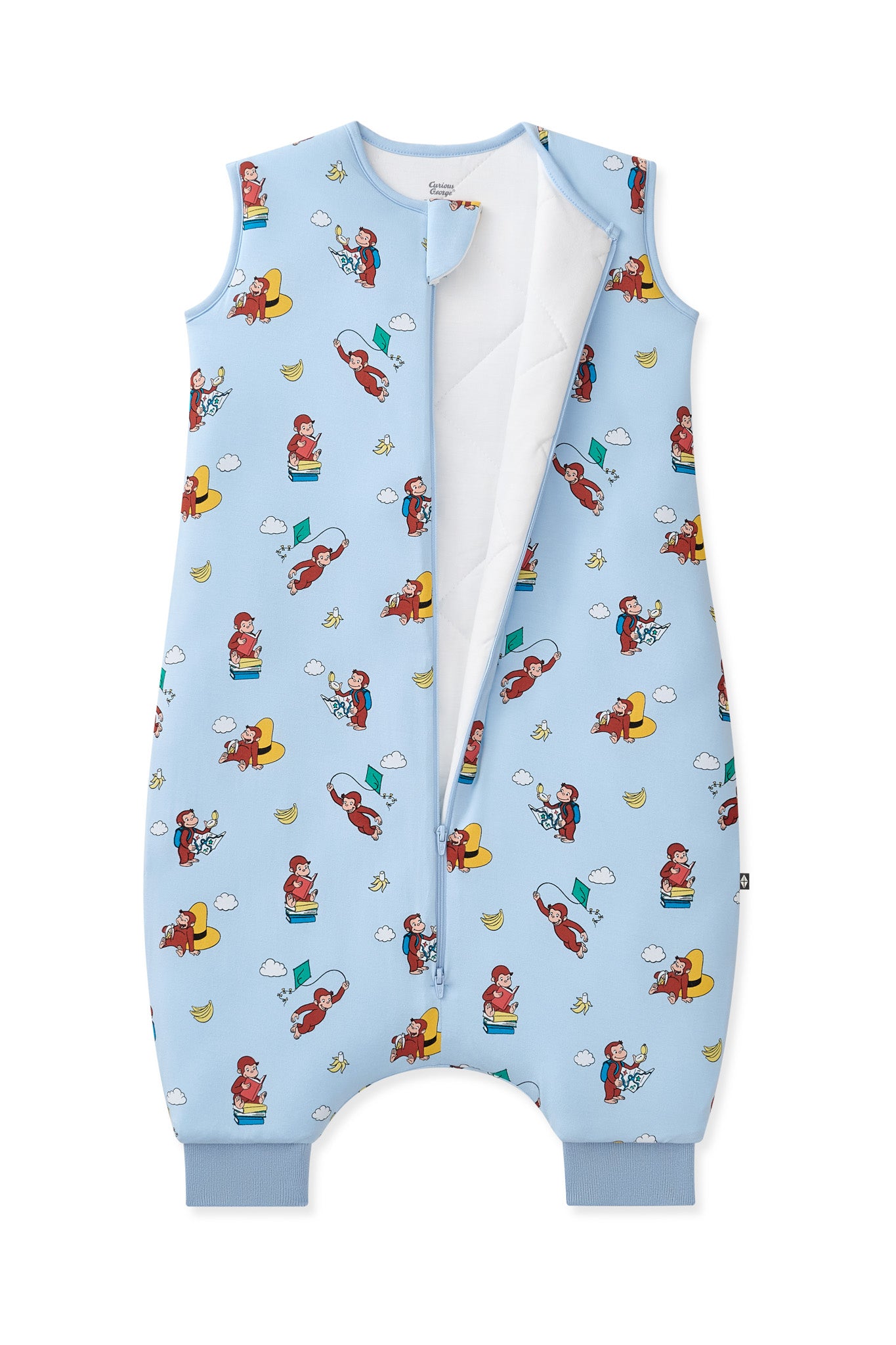 Blue Sleep Bag Walker in Curious George 2.5 print with zipper garage on a white background