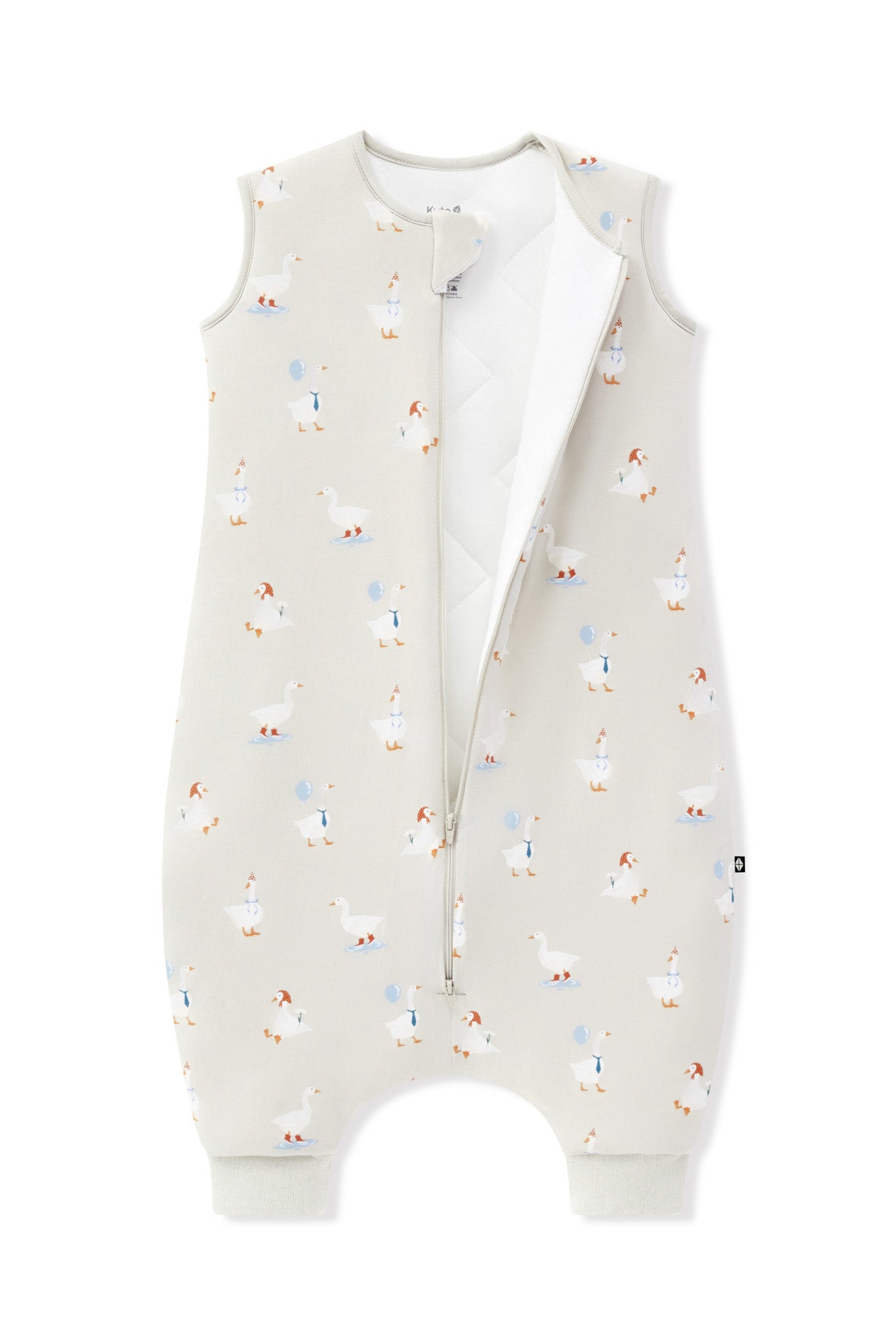 Sleep Bag Walker in Oat Silly Goose 2.5 print with open zipper on a white background
