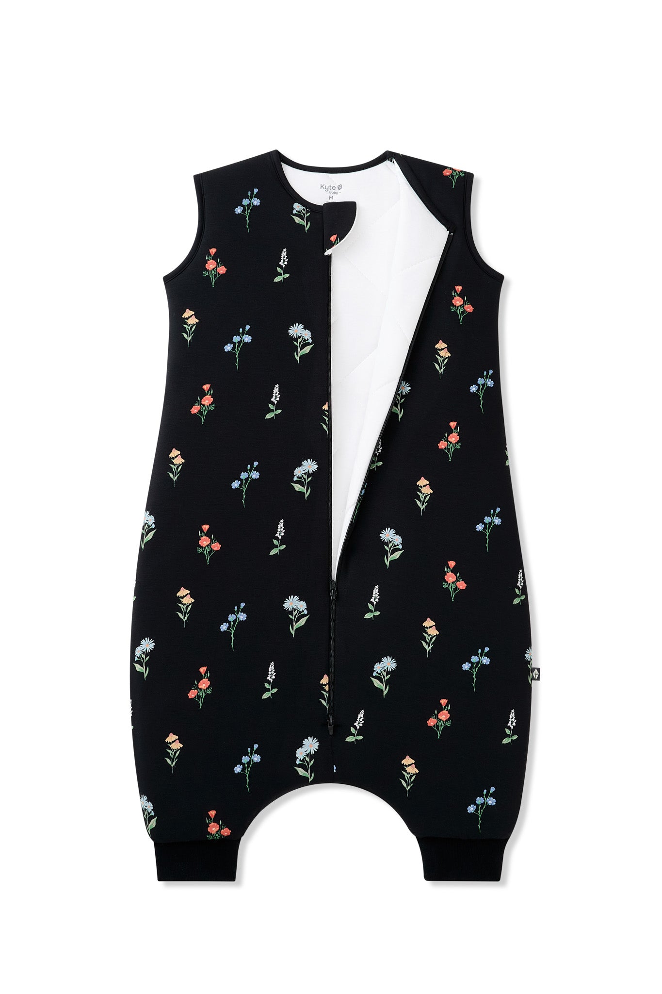 Black Sleep Bag Walker in Wildflower 2.5 print with zipper on a white background