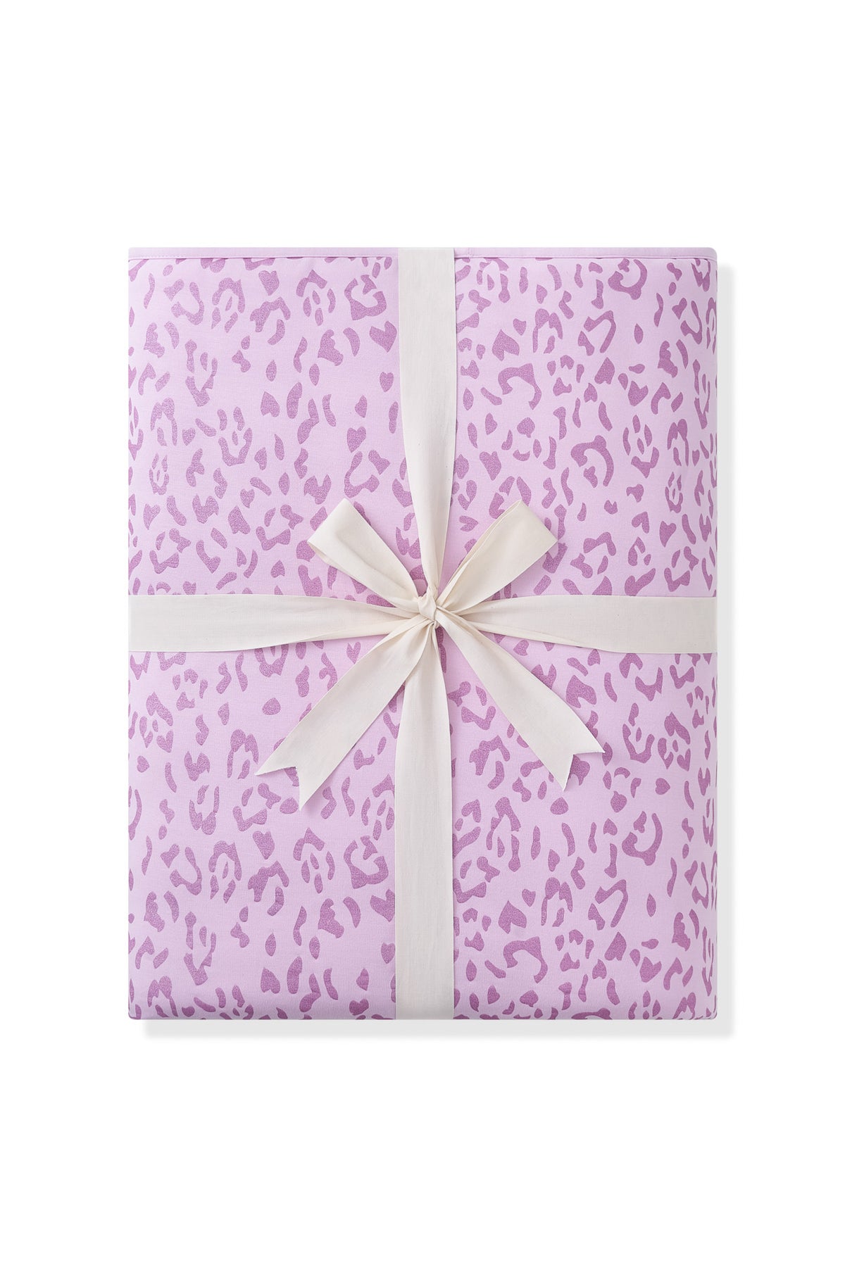 Adult Quilted Blanket in Thistle Leopard print packed in ribbon on white background