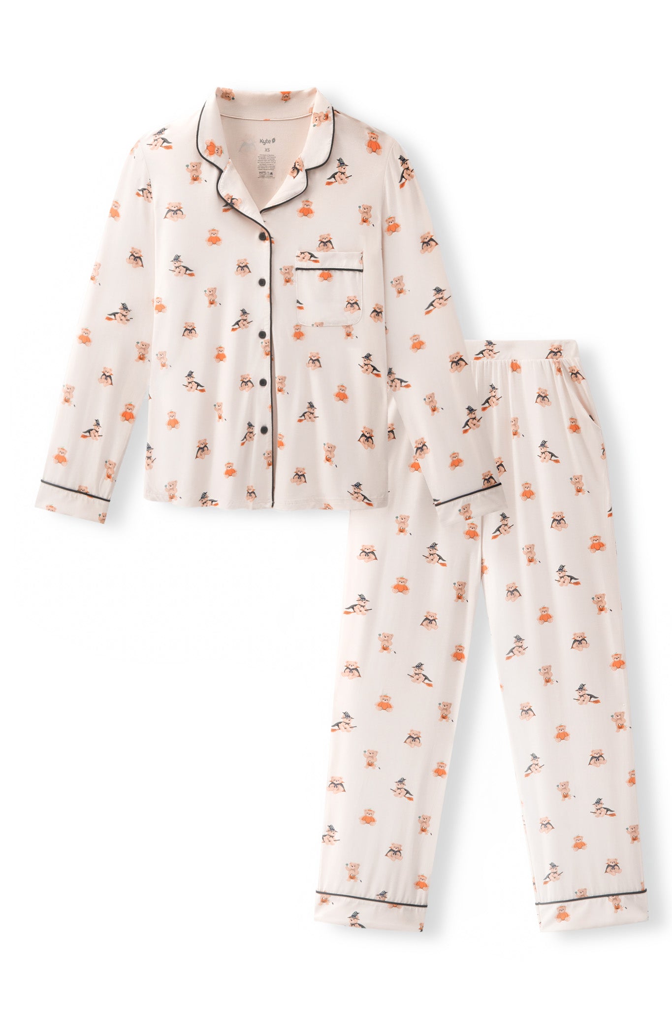 Beige Long-Sleeved Women's Pajama Set in Halloween Teddy print on a white background
