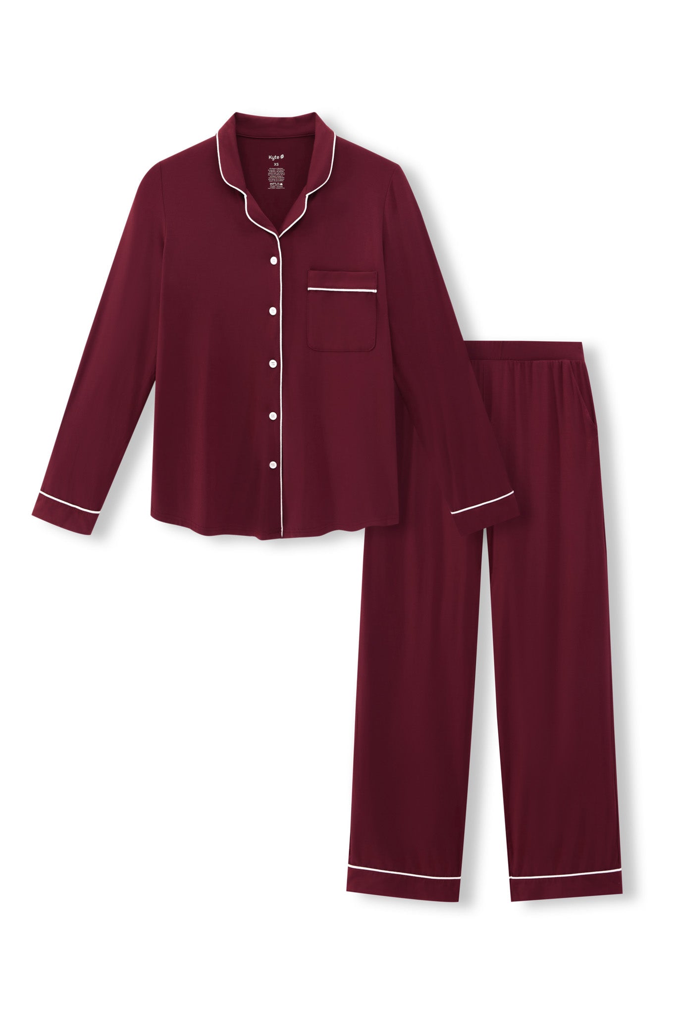 Long-Sleeved Women's Pajama Set in Burgundy with Cloud Trim on a beige background