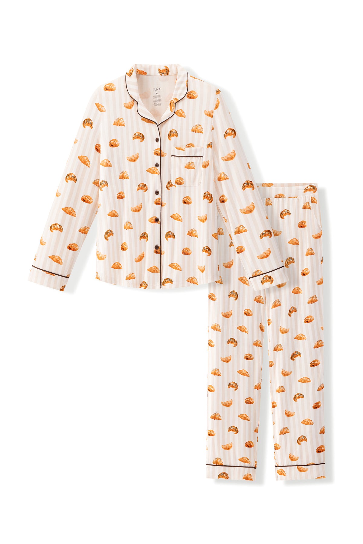Long-Sleeved Women's Pajama Set in Croissant print on a a white background