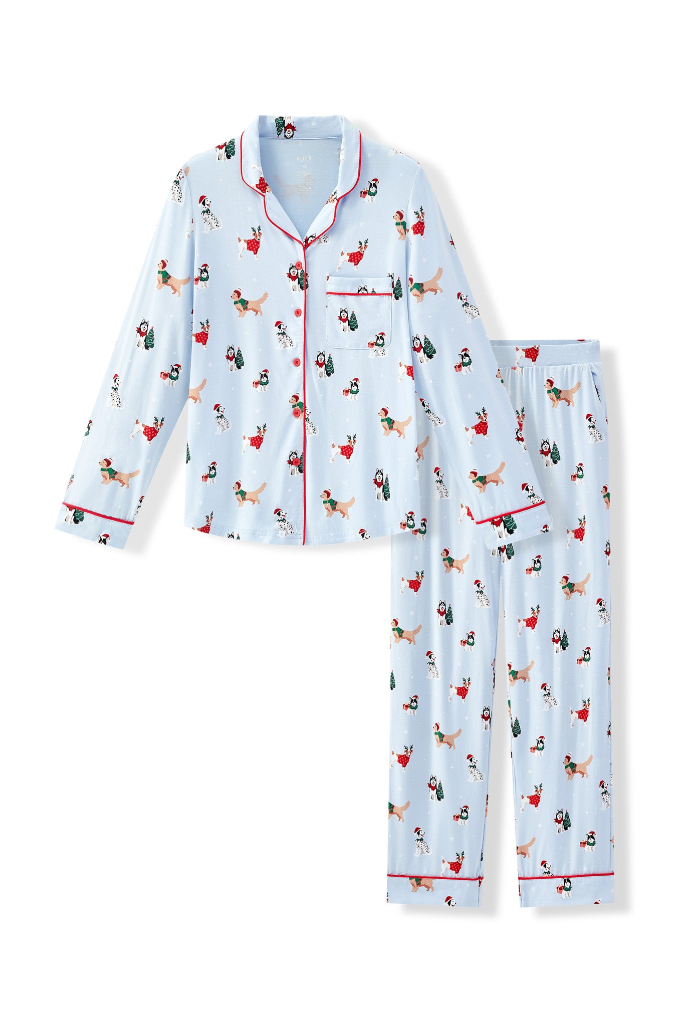 Blue Long-Sleeved Women's Pajama Set in Holiday Pups print on a white background