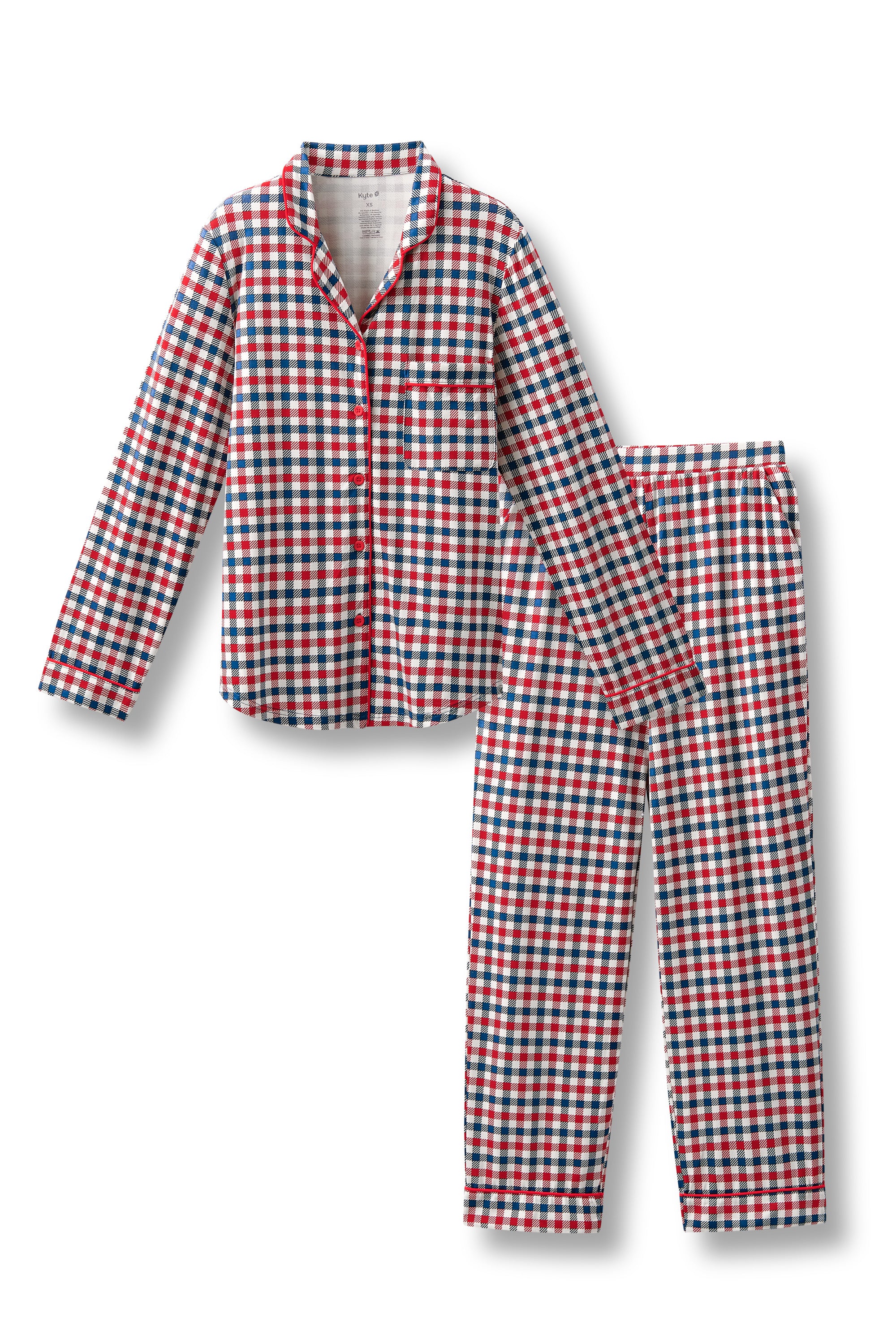 Long-Sleeved Women's Pajama Set in red blue and white Patriotic Gingham check print on a white background
