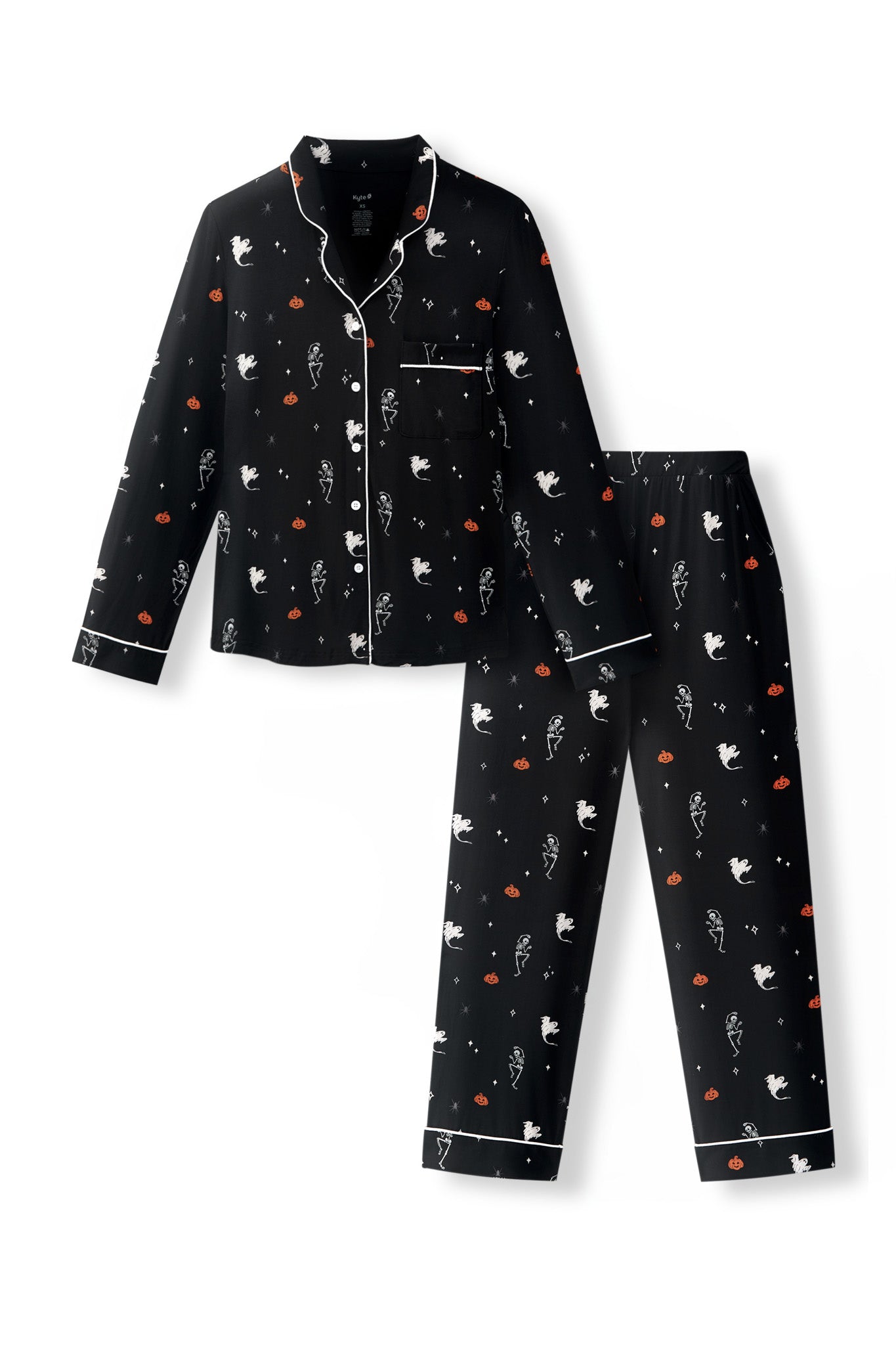Black Long-Sleeved Women's Pajama Set in Halloween Friends print on a white background