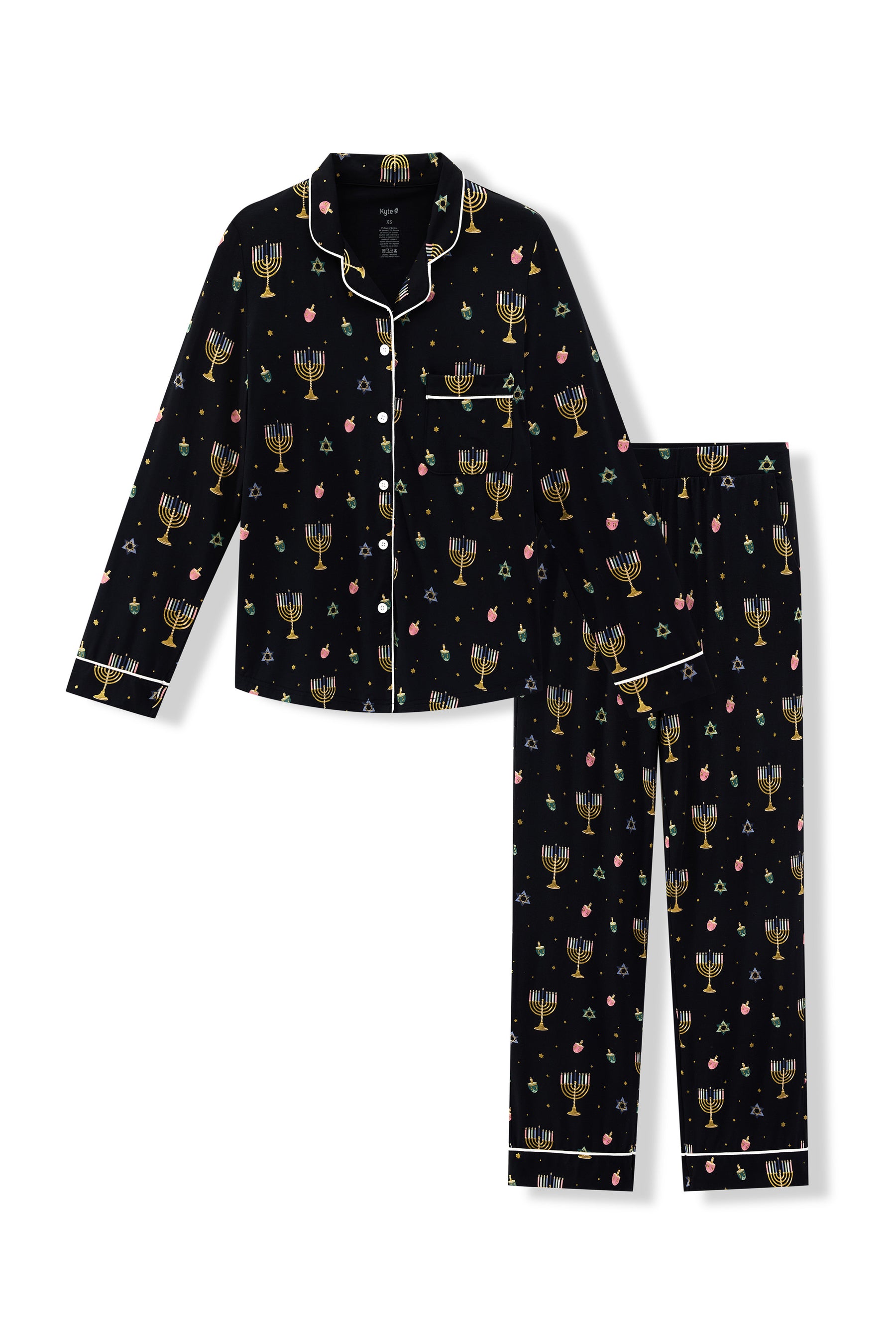 Black Long-Sleeved Women's Pajama Set in Hanukkah Nights print on a white background