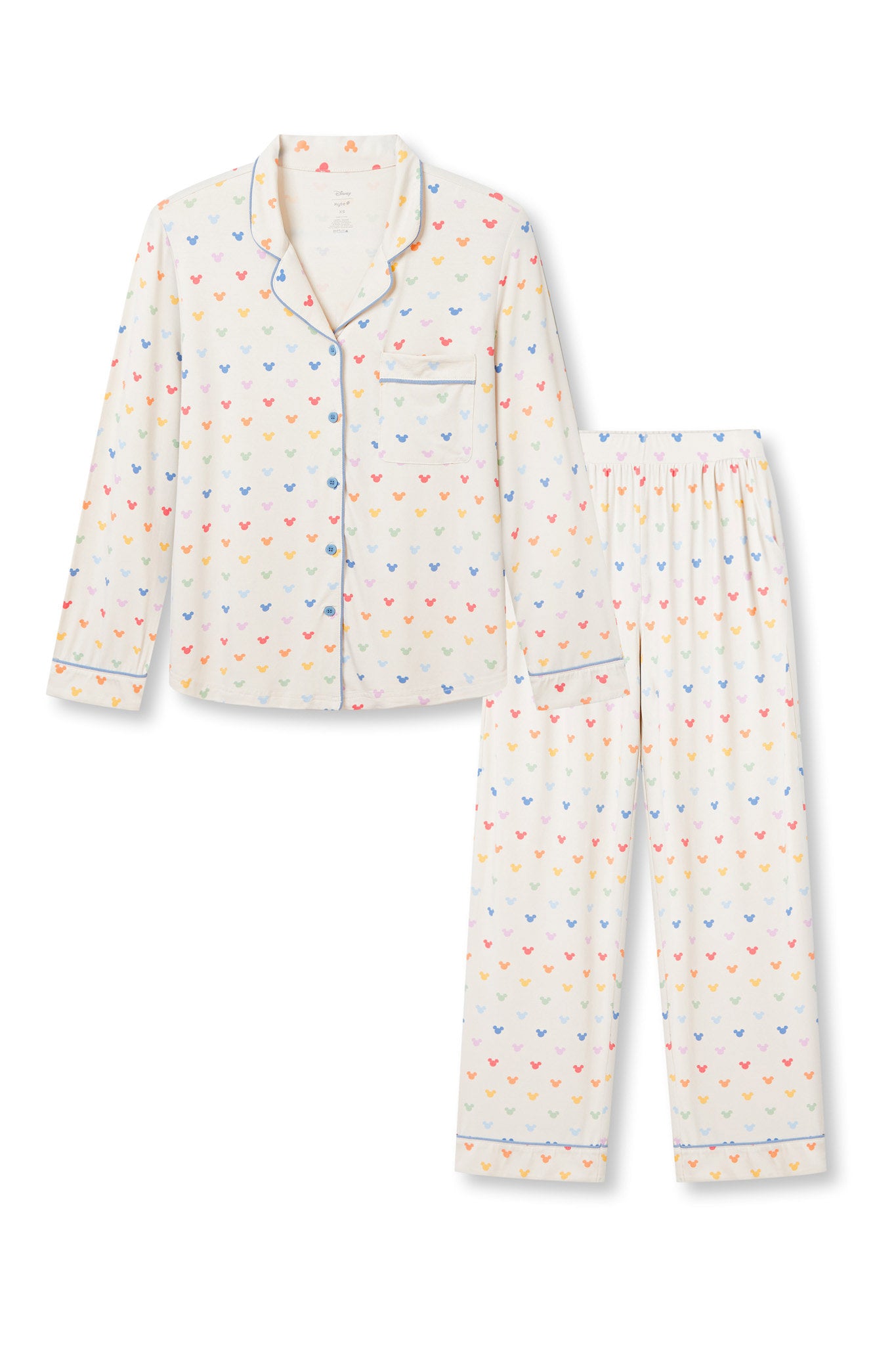 Long-Sleeved Women's Pajama Set in Pastel Mickey Mouse print on a white background