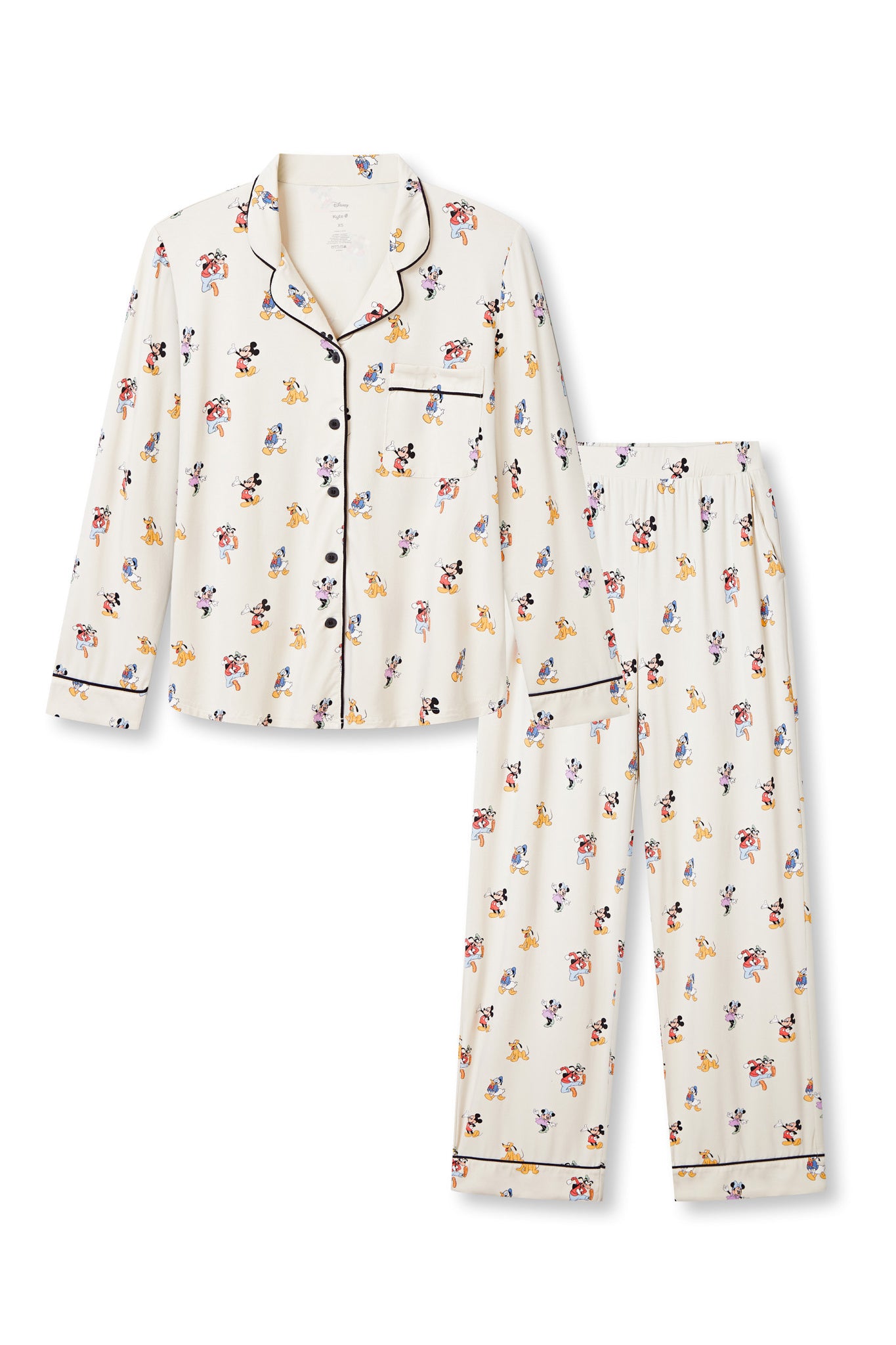 Long-Sleeved Women's Pajama Set in Mickey Mouse & Friends print on a white background