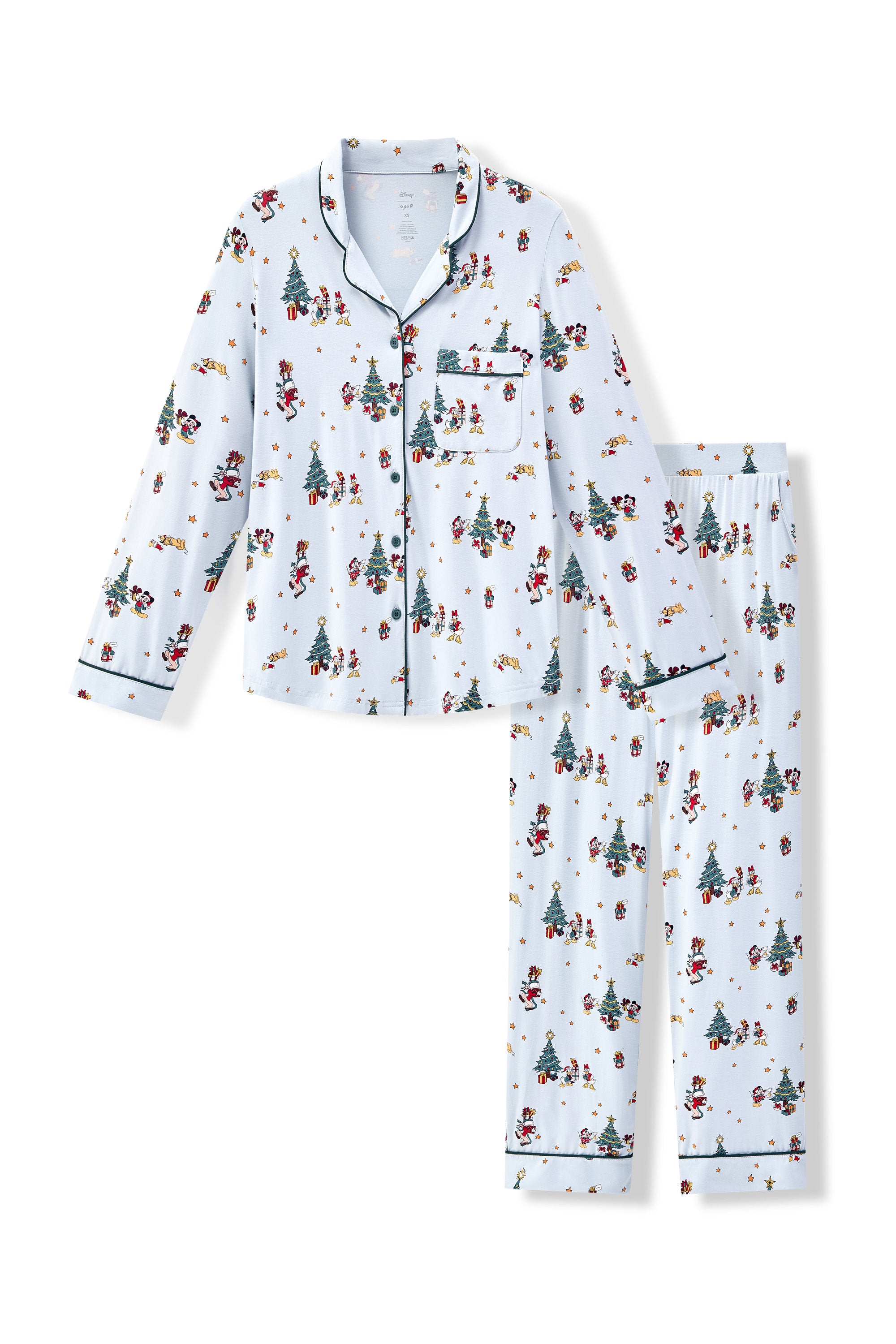 Long-Sleeved Women's Pajama Set in Mickey & Friends Christmas print on a white background