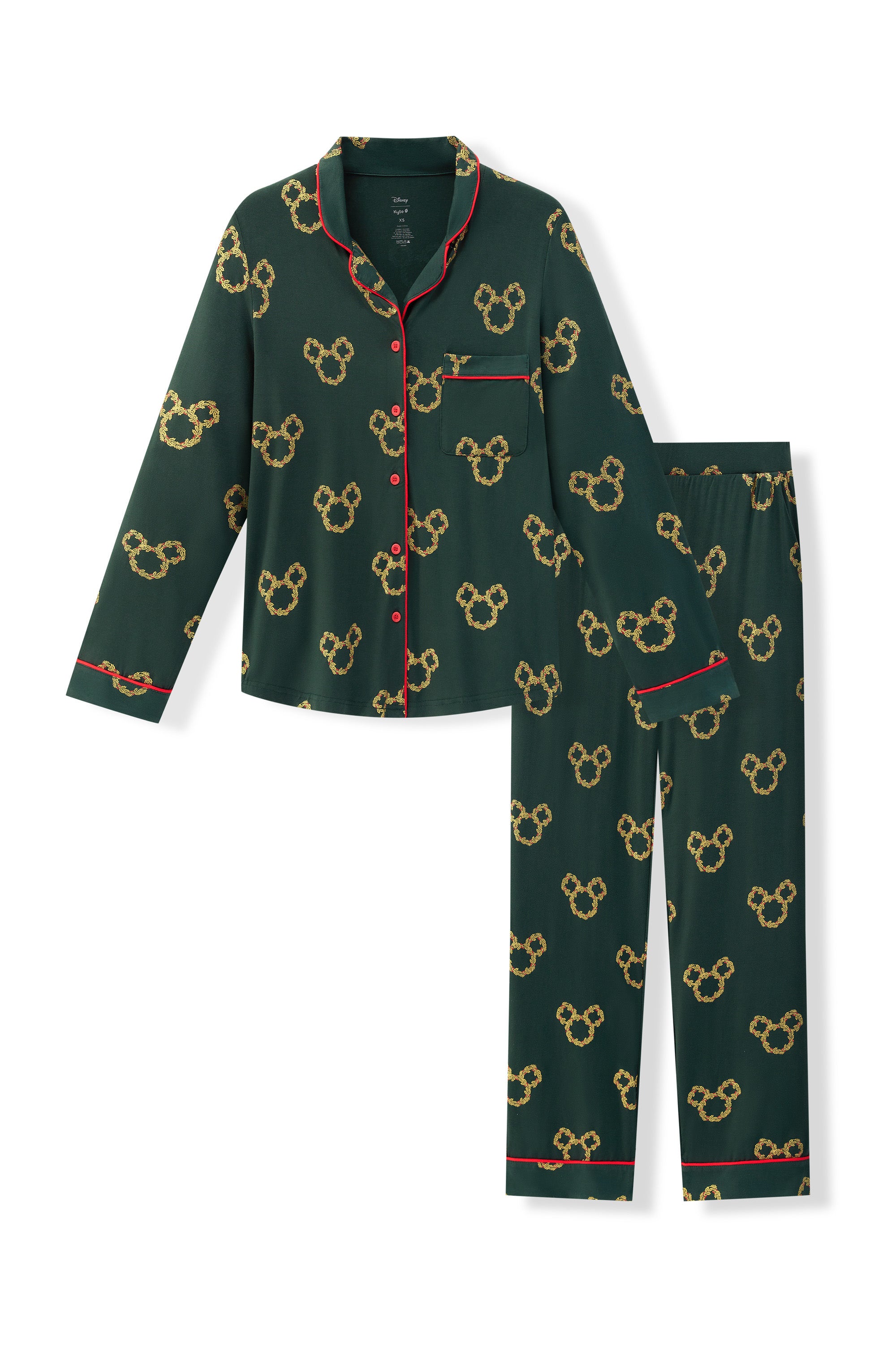 Long-Sleeved Women's Pajama Set in Mickey Christmas Wreath print on a white background