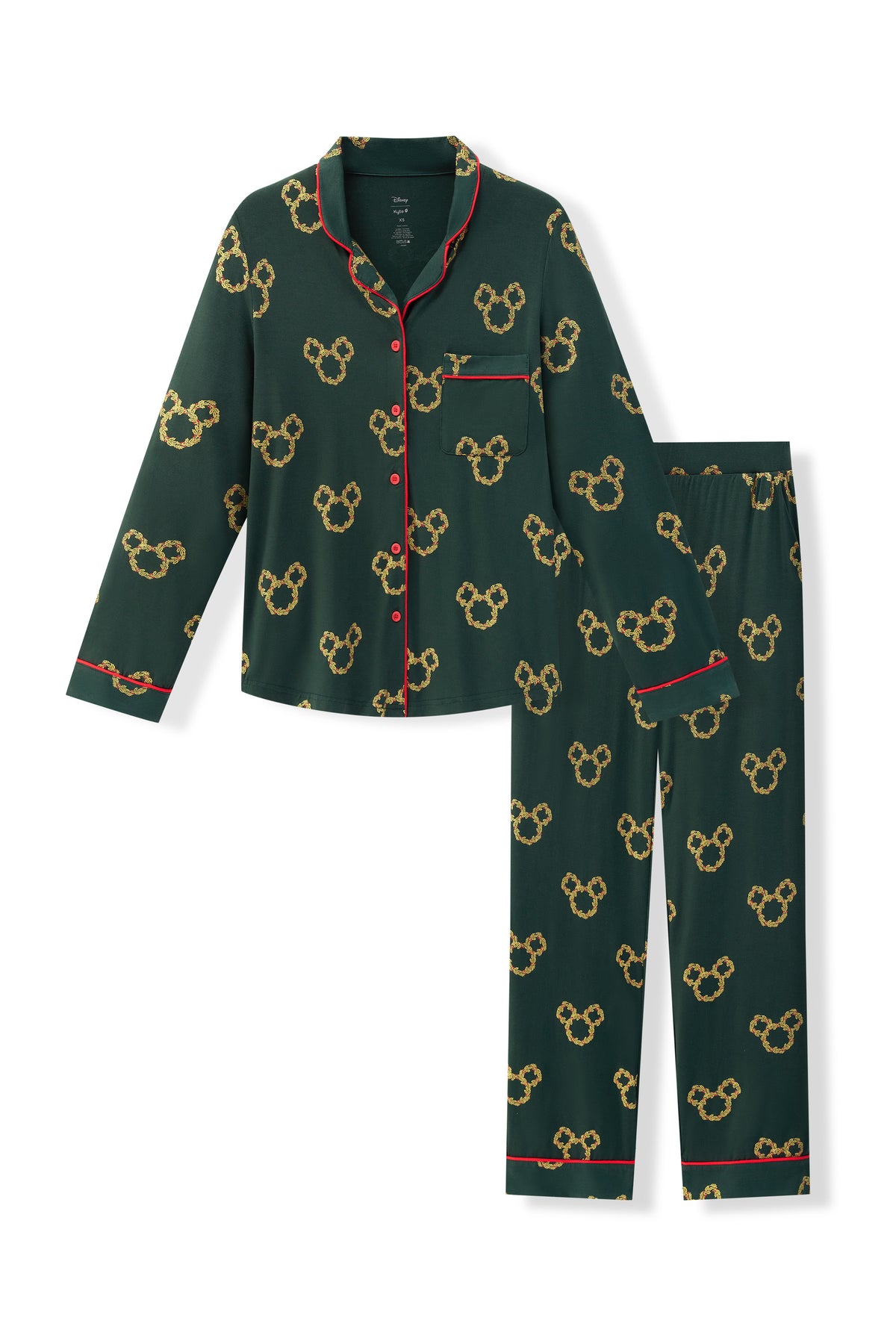 Long-Sleeved Women's Pajama Set in Mickey Christmas Wreath print on a white background
