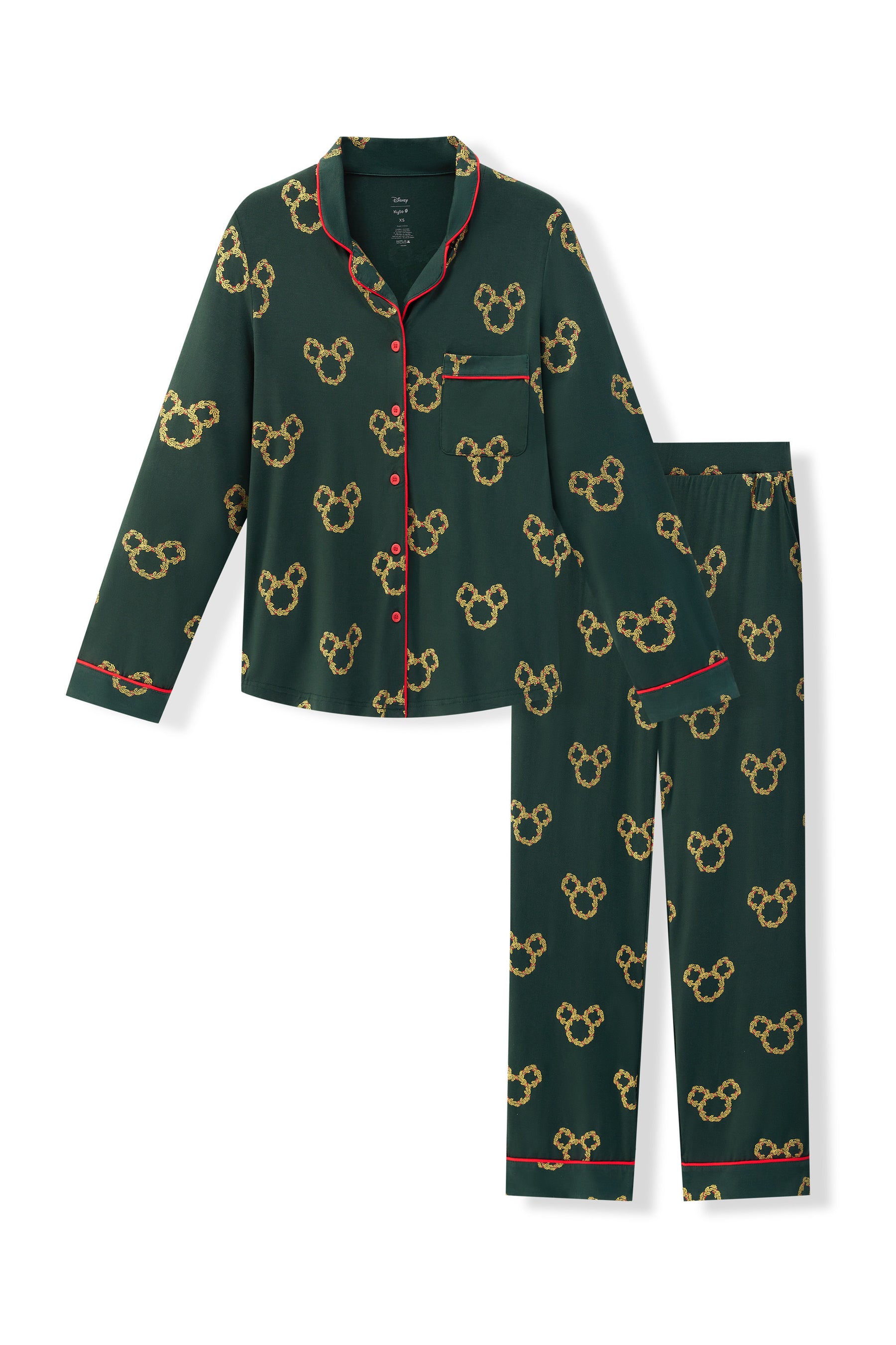 Long-Sleeved Women's Pajama Set in Mickey Christmas Wreath print on a white background