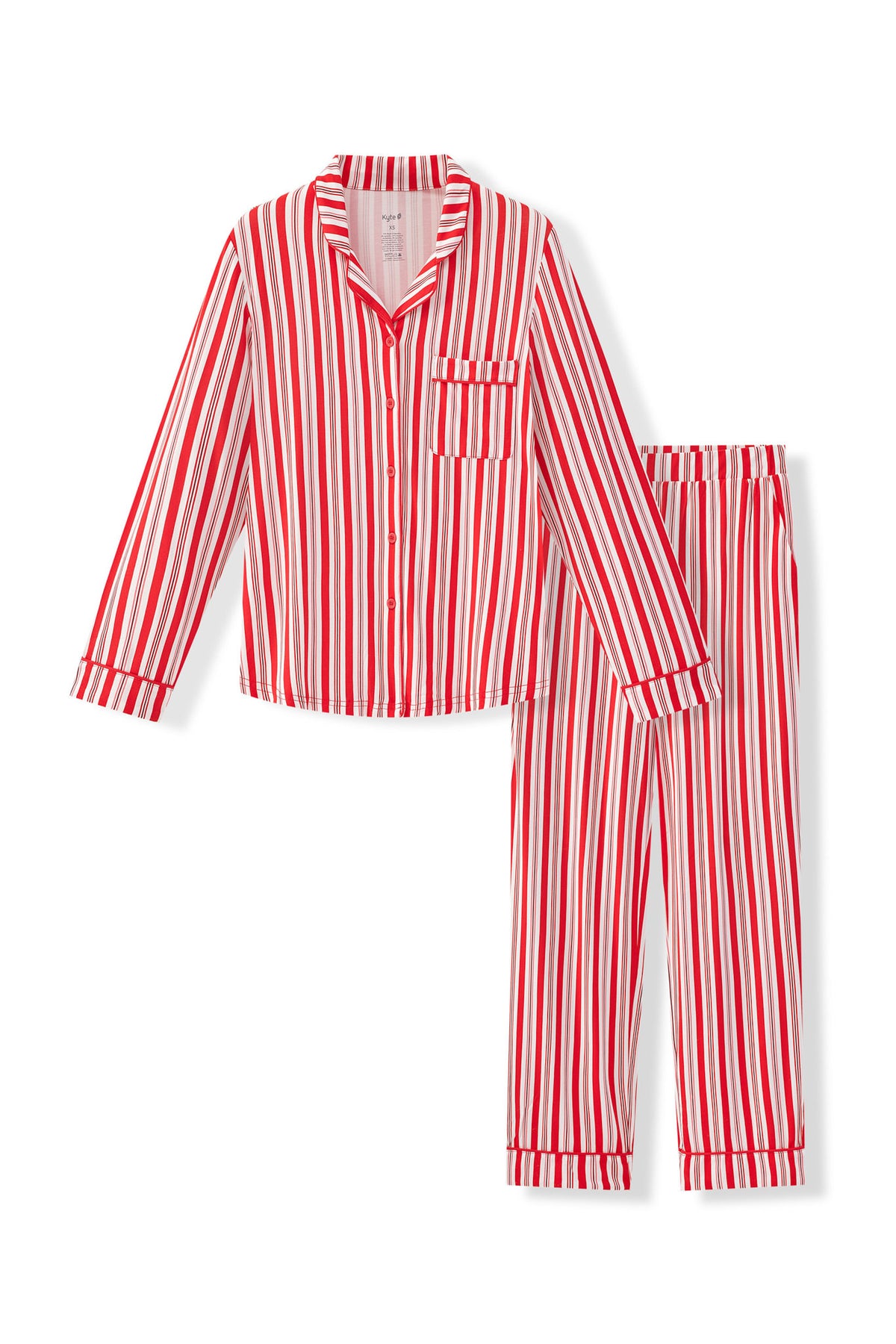 Long-Sleeved Women's Pajama Set in red and white Peppermint Stripes print on a white background