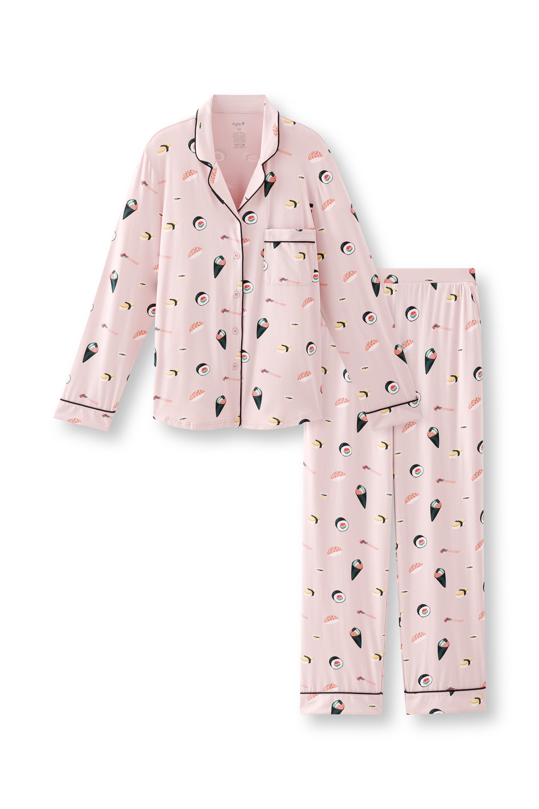 Pink Long-Sleeved Women's Pajama Set with Sushi print on a white background