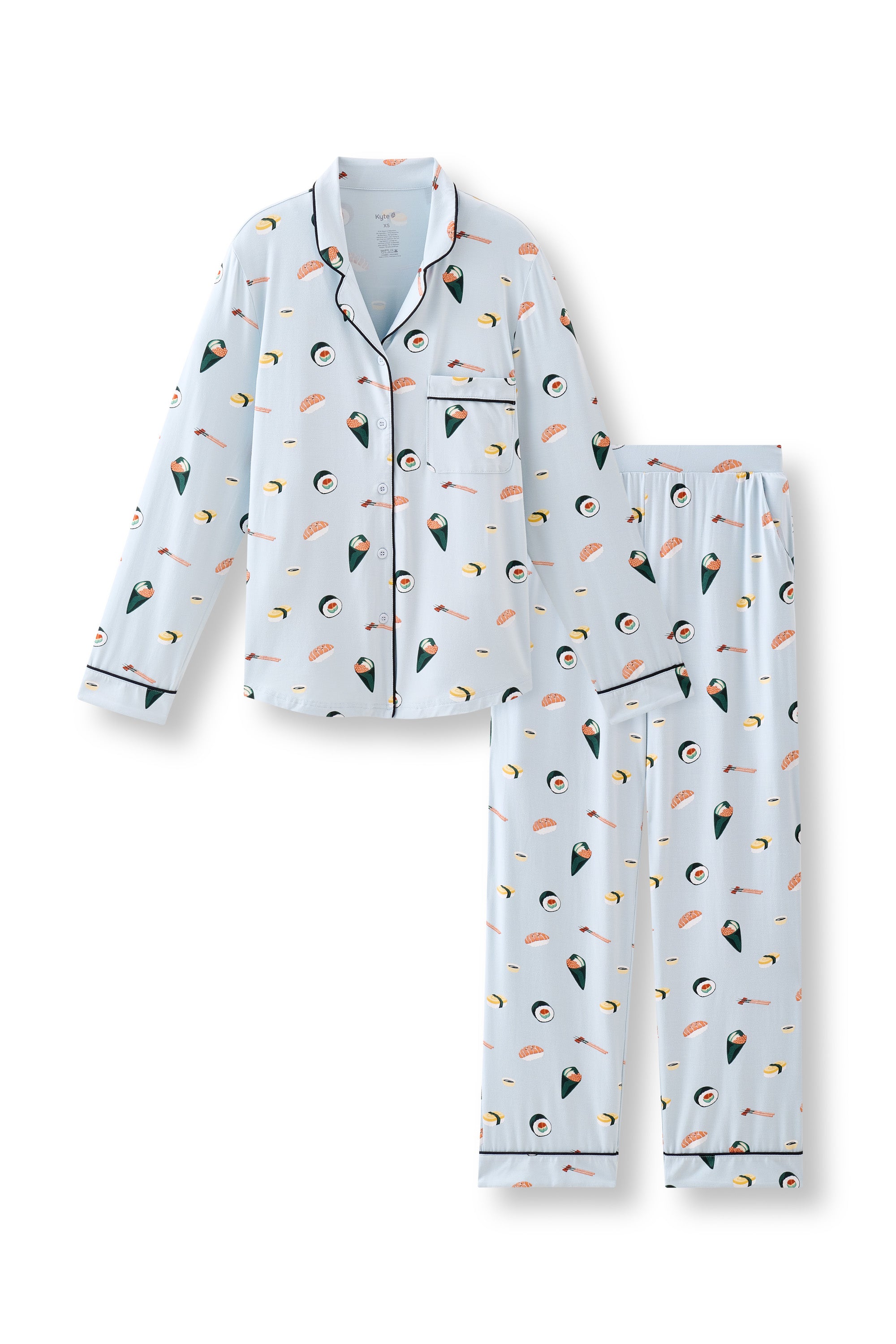 Blue Long-Sleeved Women's Pajama Set with Sushi print on a white background