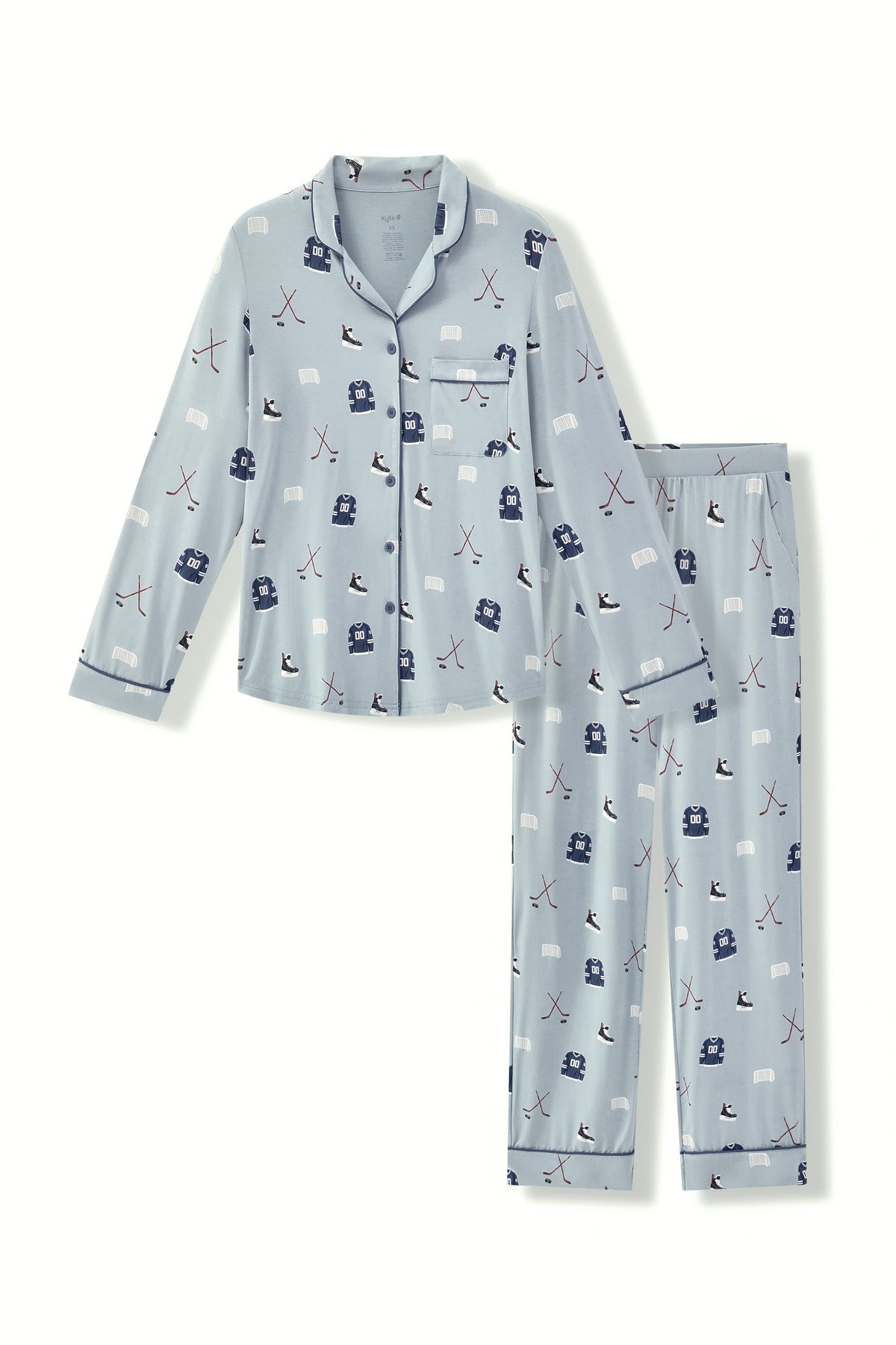 Long-Sleeved Women's Pajama Set in Vintage Hockey print on a white background