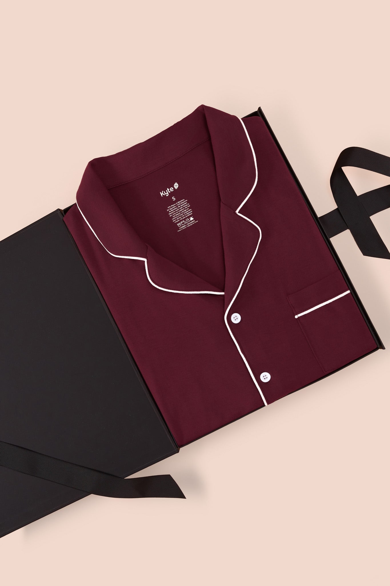Men's Long Sleeve Pajama Set in Burgundy color packjed in a black box on a white background