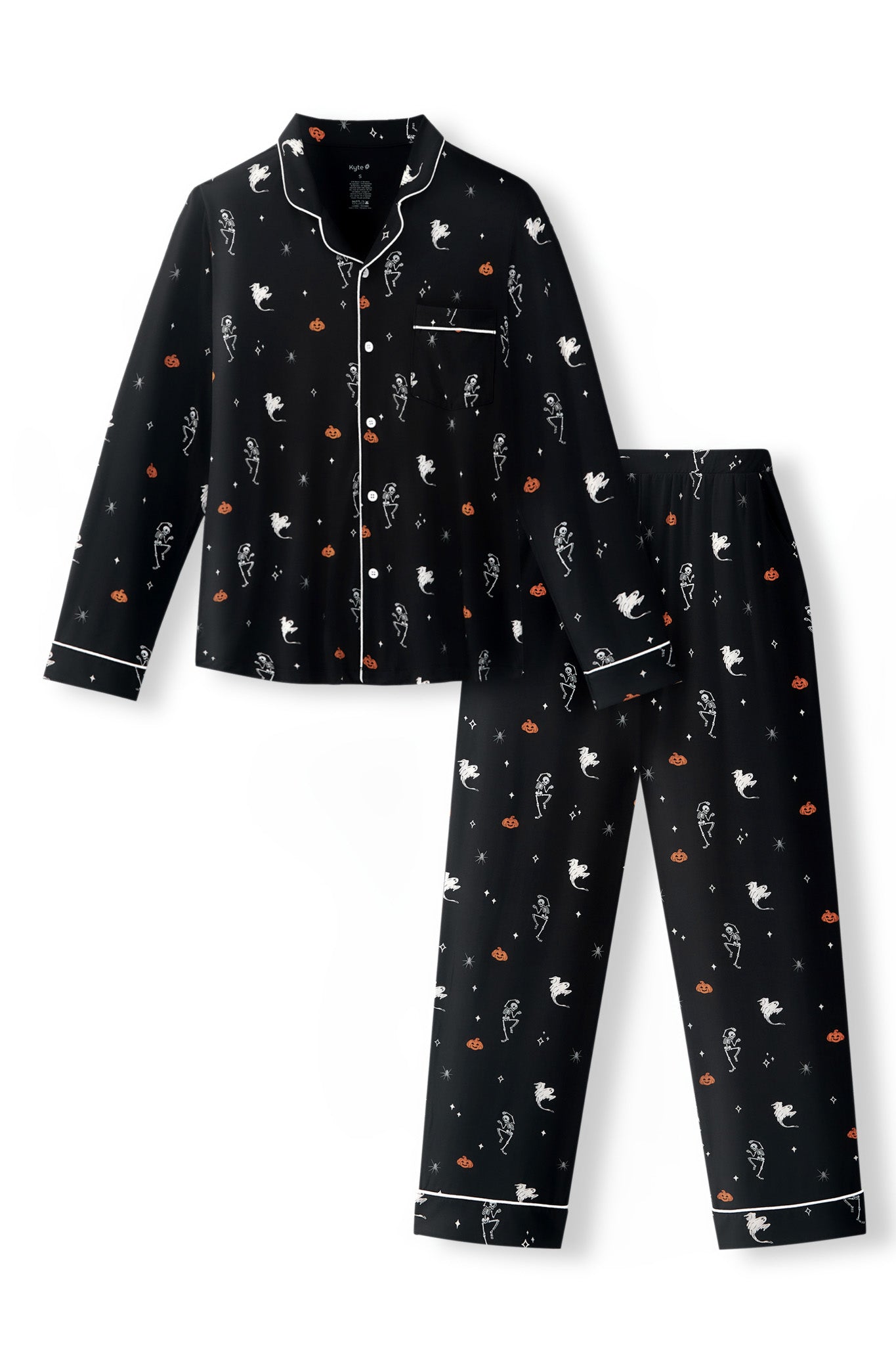 Black Men's Long Sleeve Pajama Set in Halloween Friends print on a white background