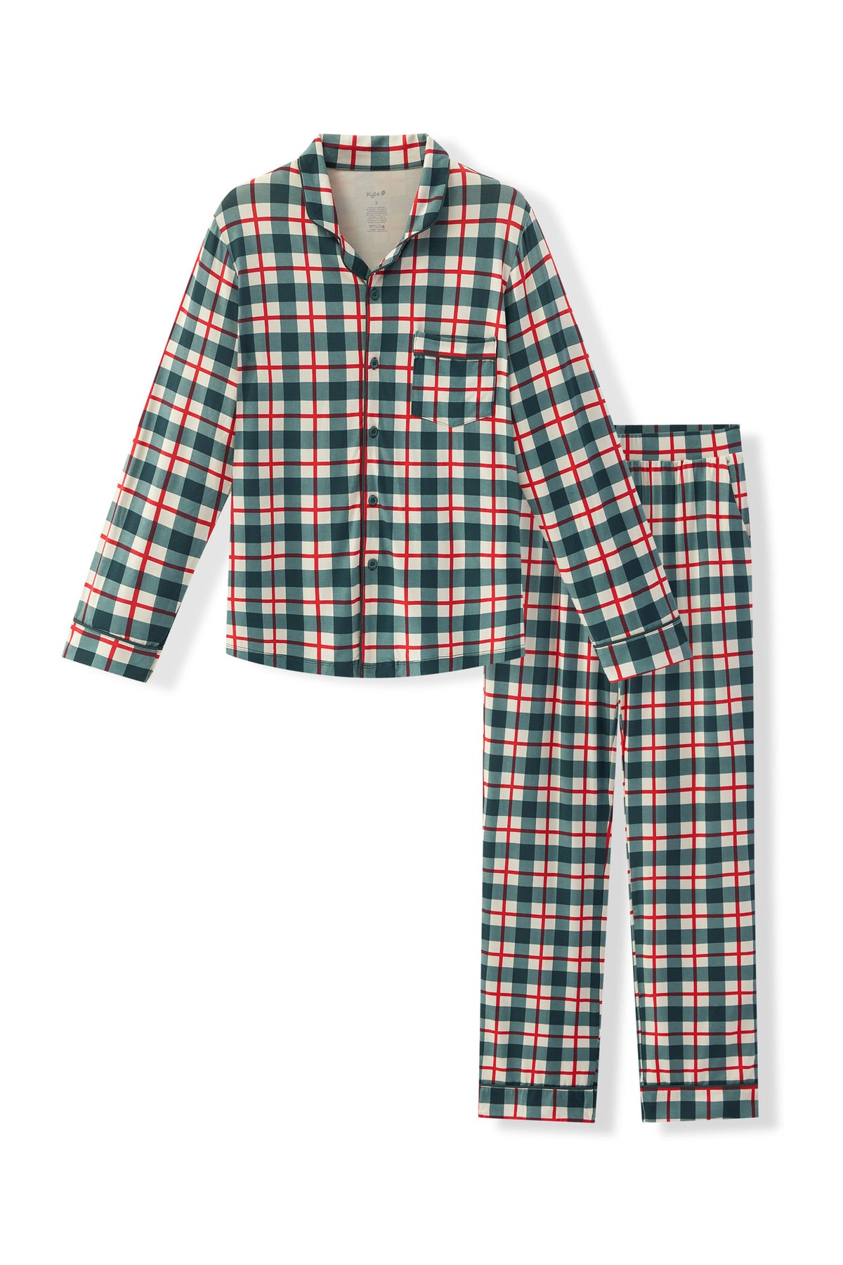 A two-piece pajama set featuring a long-sleeve button-up shirt and matching pants in a green, red, and white plaid pattern, displayed on a clean white background.