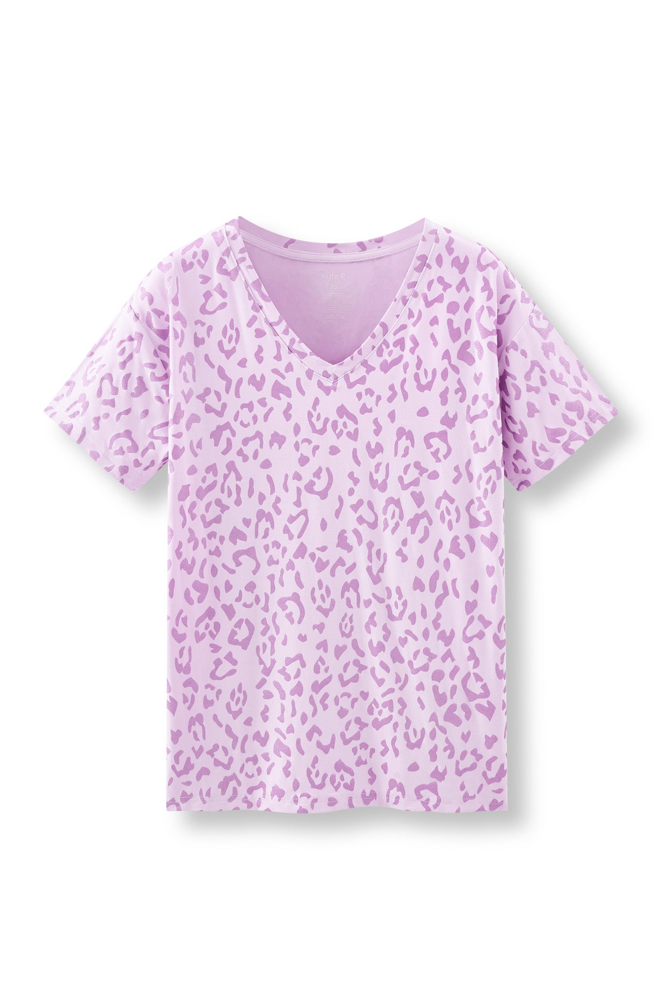 Women's Oversized V-Neck Tee in Thistle Leopard print on a white background