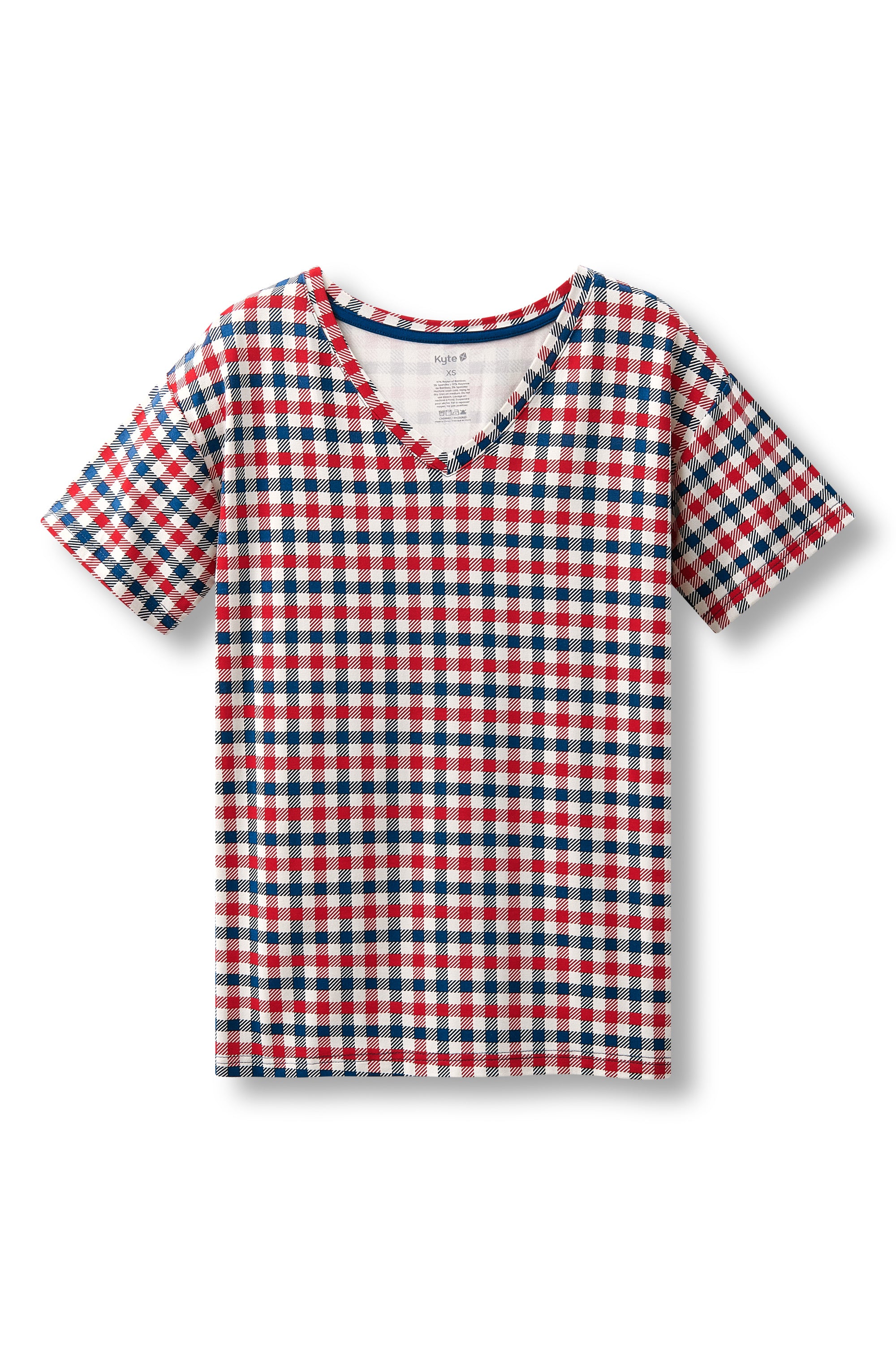 Women's Relaxed Fit V-Neck in red blue and white Patriotic Gingham check print on a white background