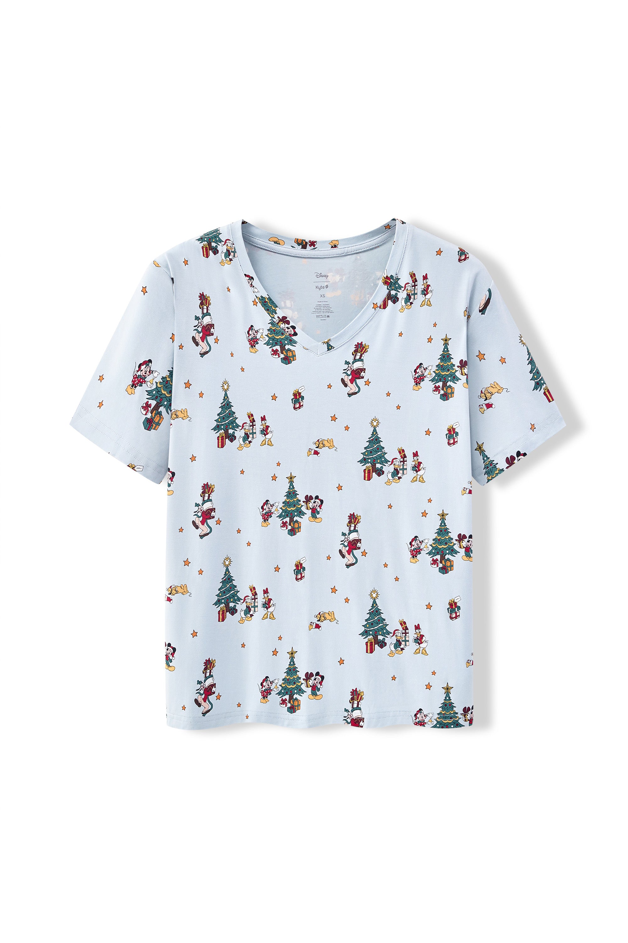 Women's Oversized V-Neck Tee in Mickey & Friends Christmas print on a white background