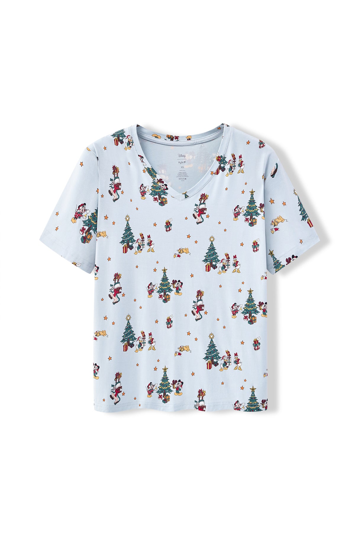 Women's Oversized V-Neck Tee in Mickey & Friends Christmas print on a white background