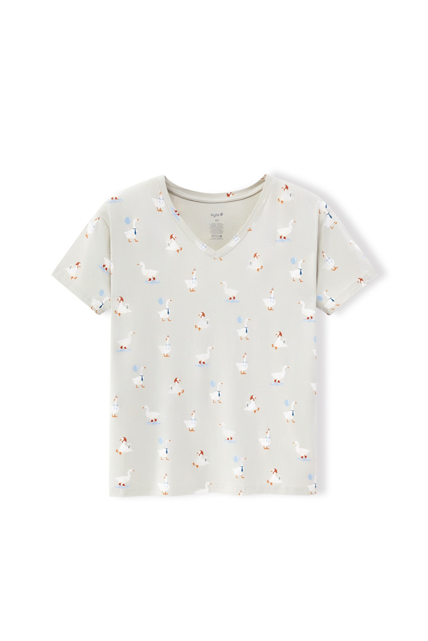 Women's Oversized V-Neck in Oat Silly Goose print on a white background