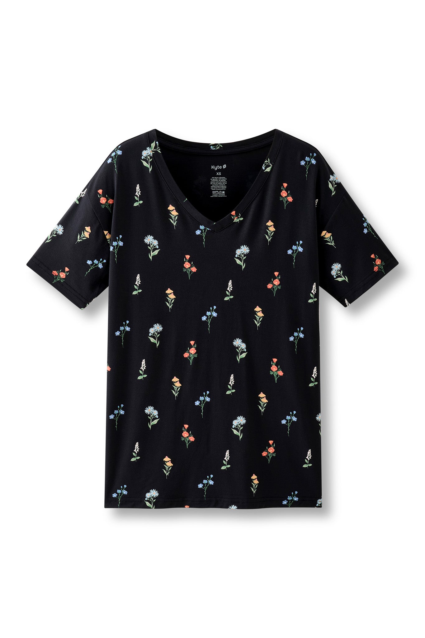Black Women's Relaxed Fit V-Neck in  Wildflower print on a white background