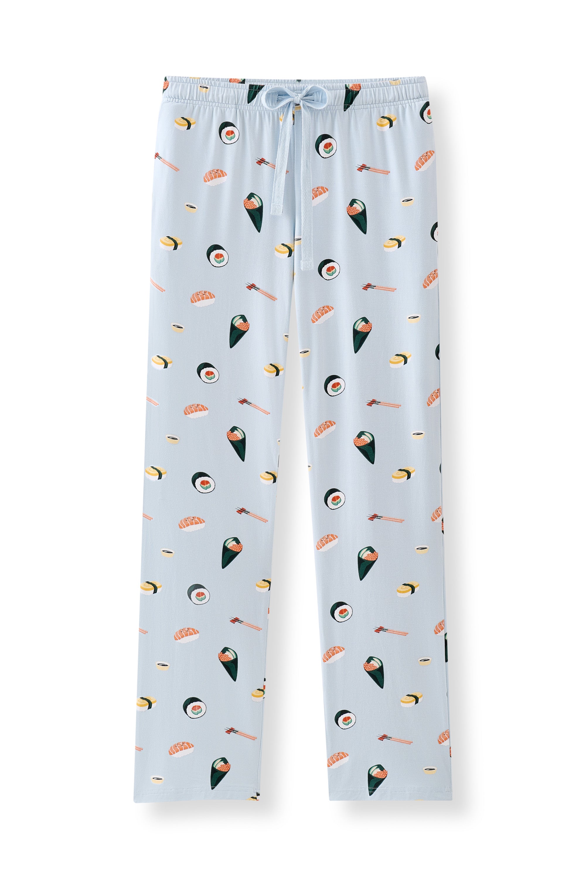 Blue Women's Lounge Pants with Sushi print on a white background
