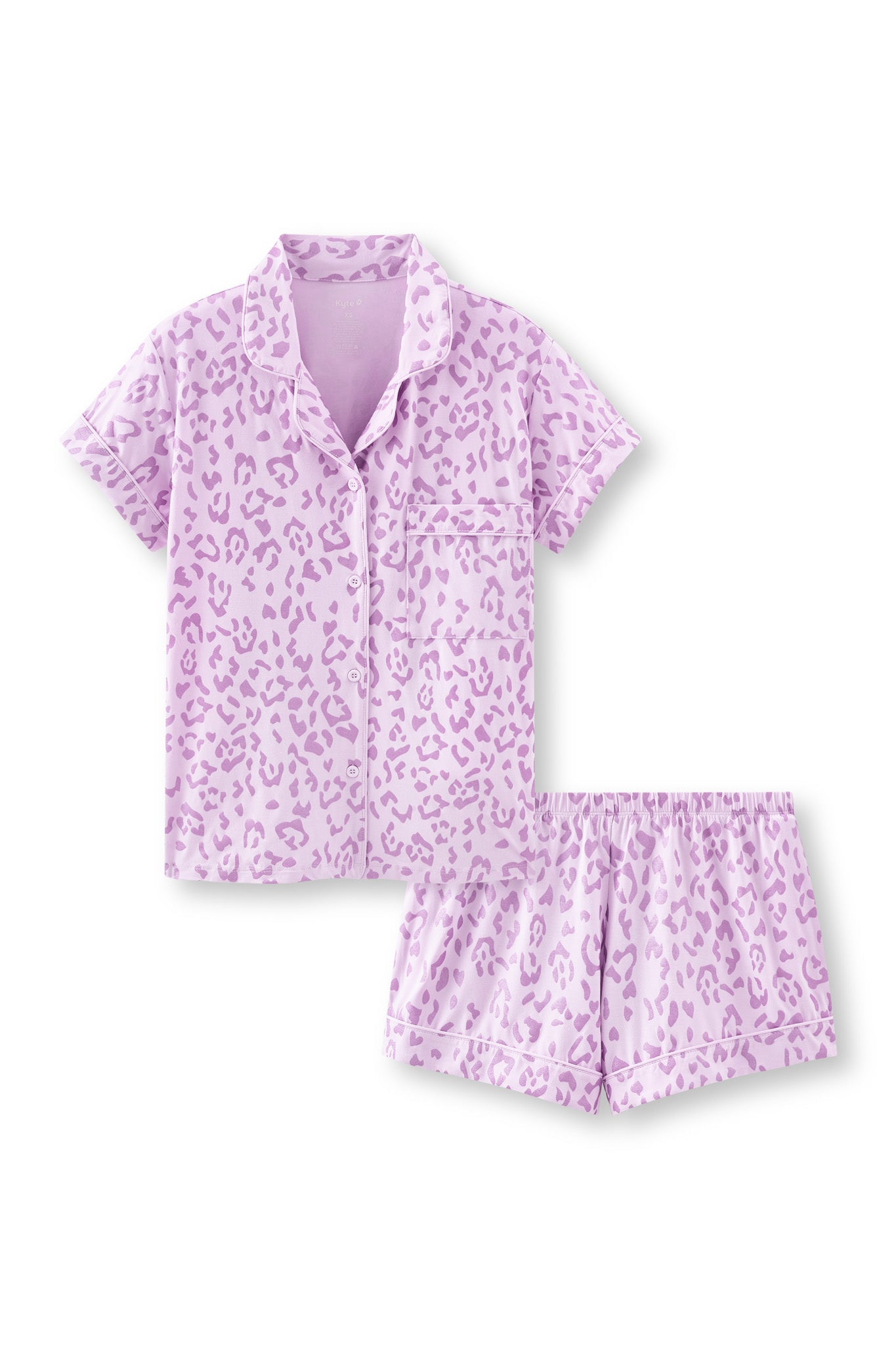 Women's Short Sleeve Pajama Set in Thistle Leopard print on a white background