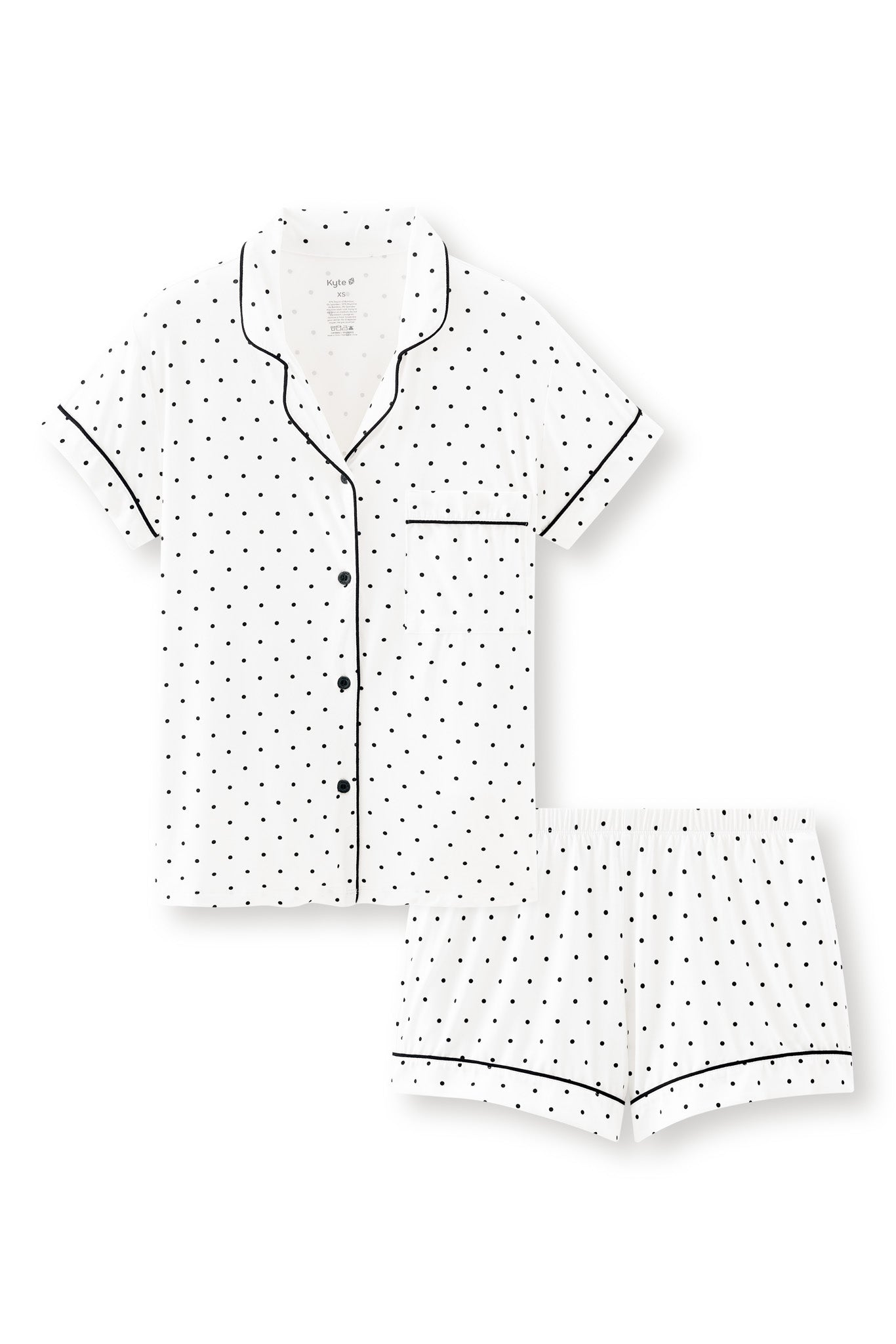 Women's Short Sleeve Pajama Set in Midnight Polka Dot with black piping on a white background