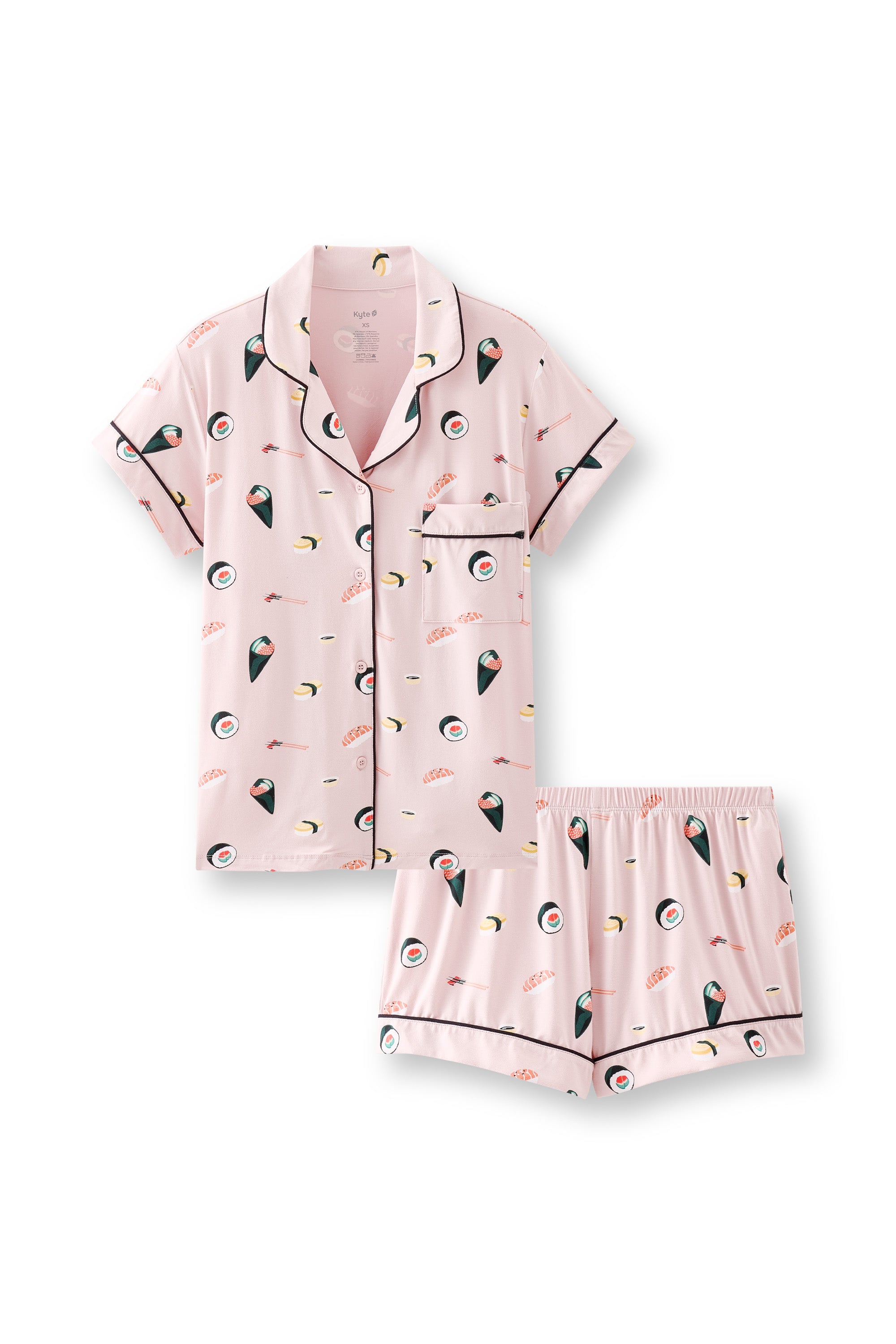 Pink Women's Short Sleeve Pajama Set with Sushi pattern on a white background