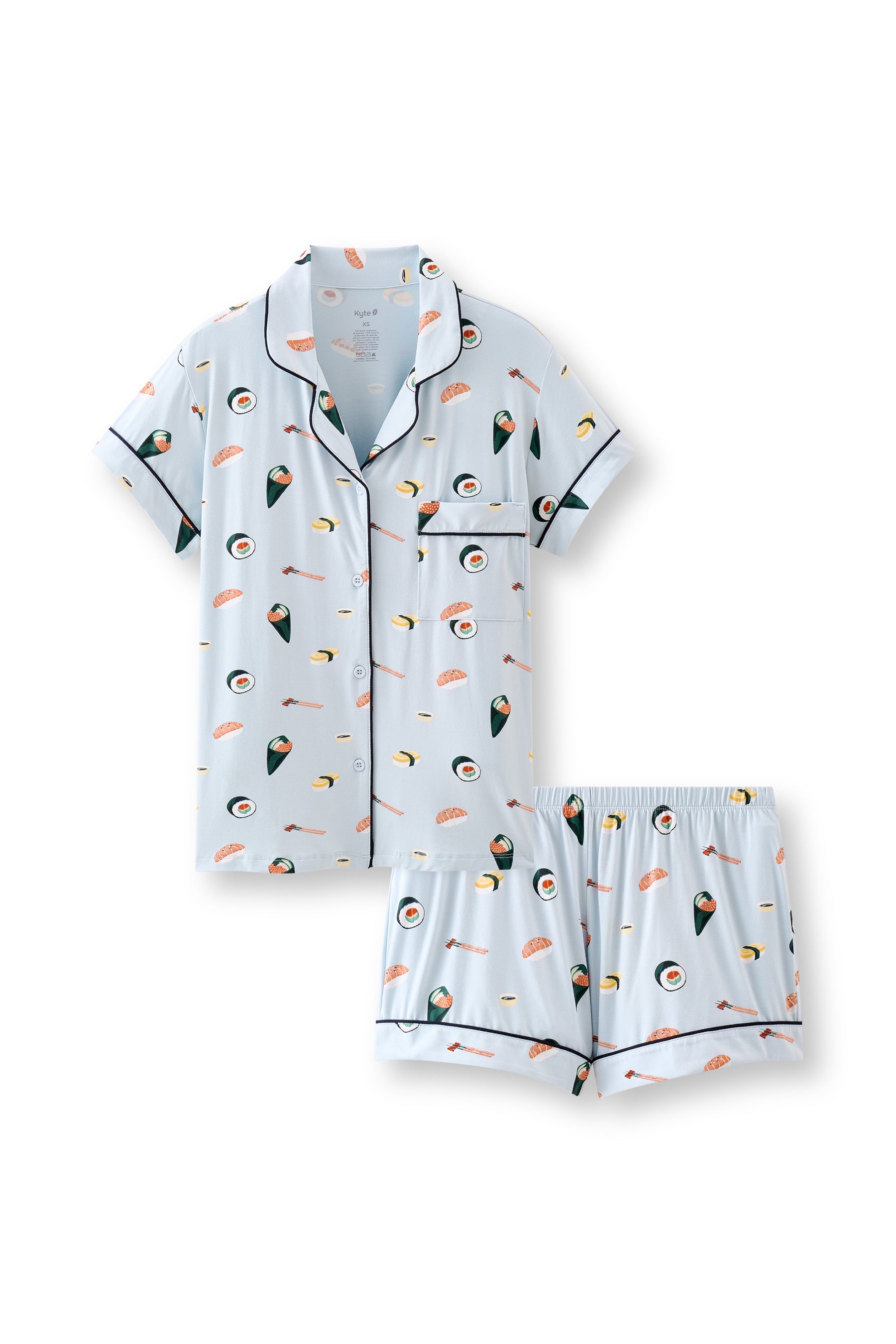 Blue Women's Short Sleeve Pajama Set with Sushi pattern on a white background