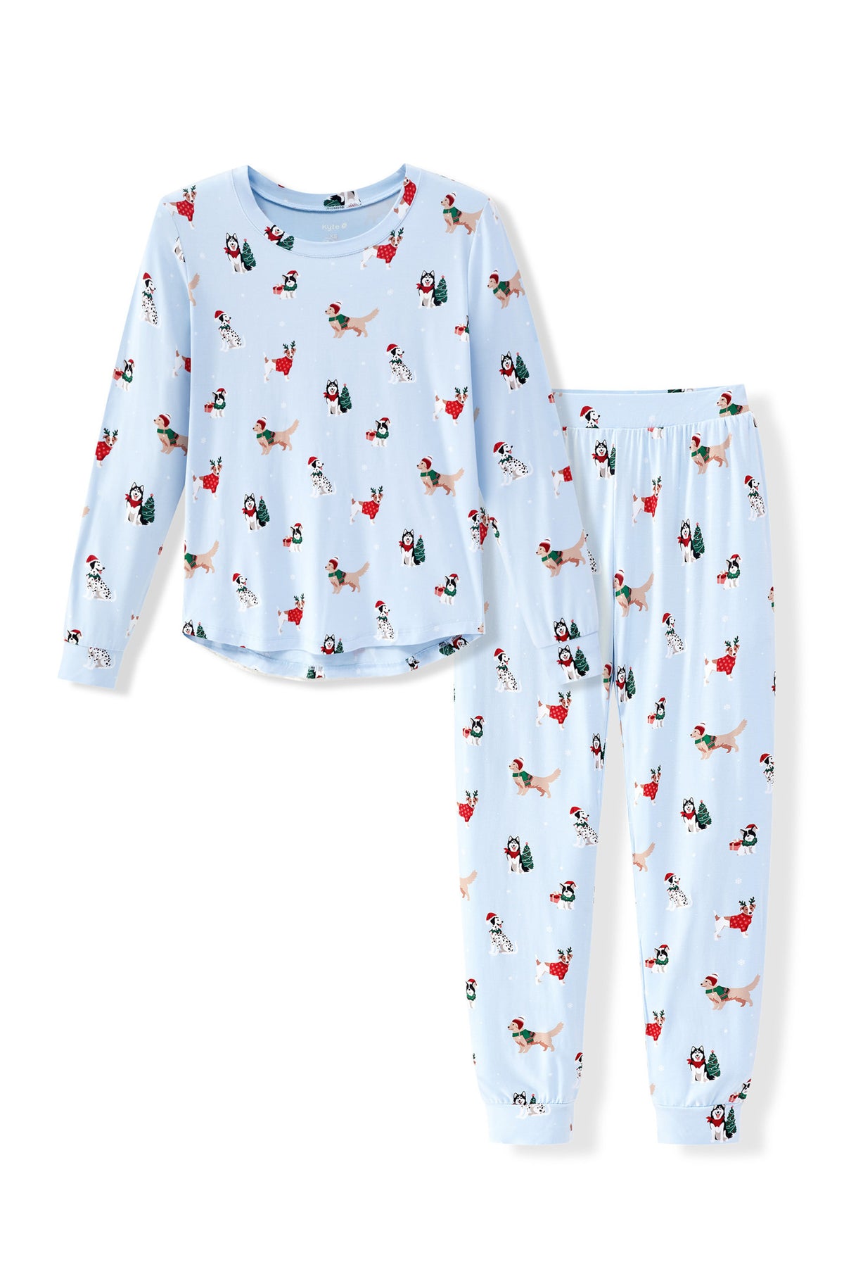 Blue Women's Jogger Pajama Set in Holiday Pups print on a white background