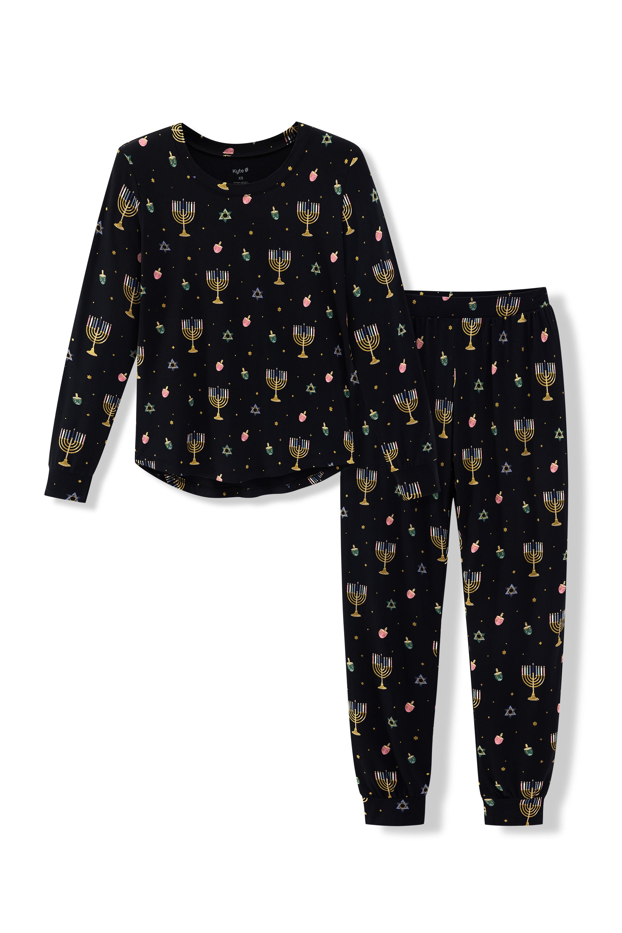 Black Women's Jogger Pajama Set in Hanukkah Nights print on a white background