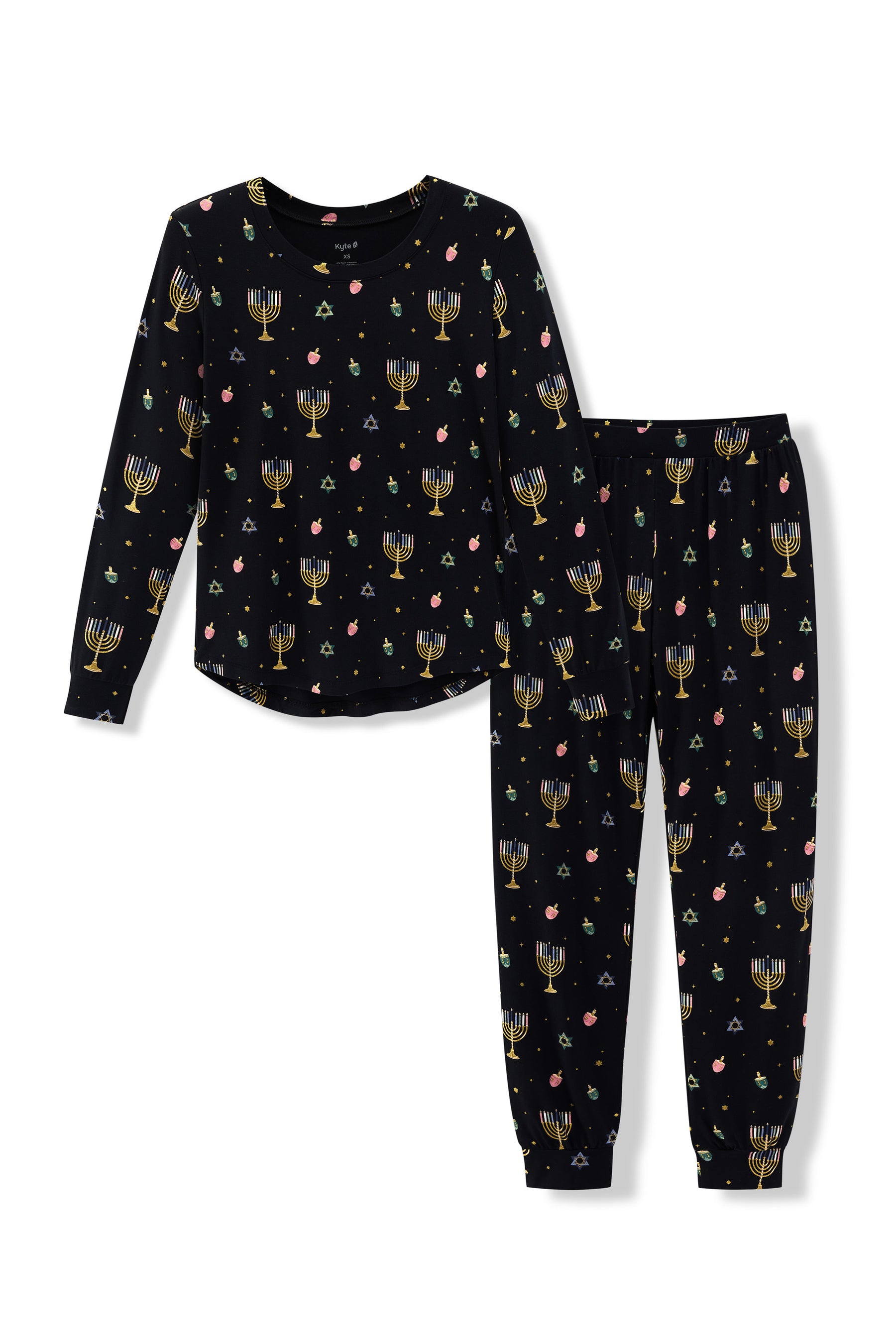 Black Women's Jogger Pajama Set in Hanukkah Nights print on a white background
