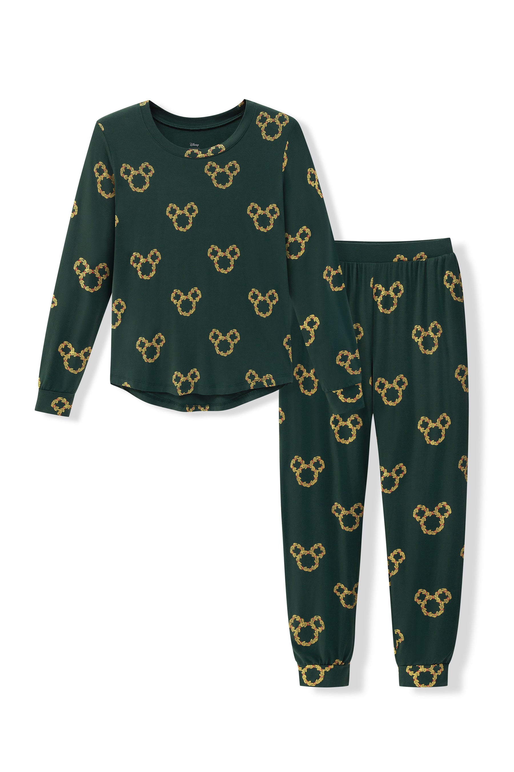 Women's Jogger Pajama Set in Mickey Christmas Wreath print on a white background