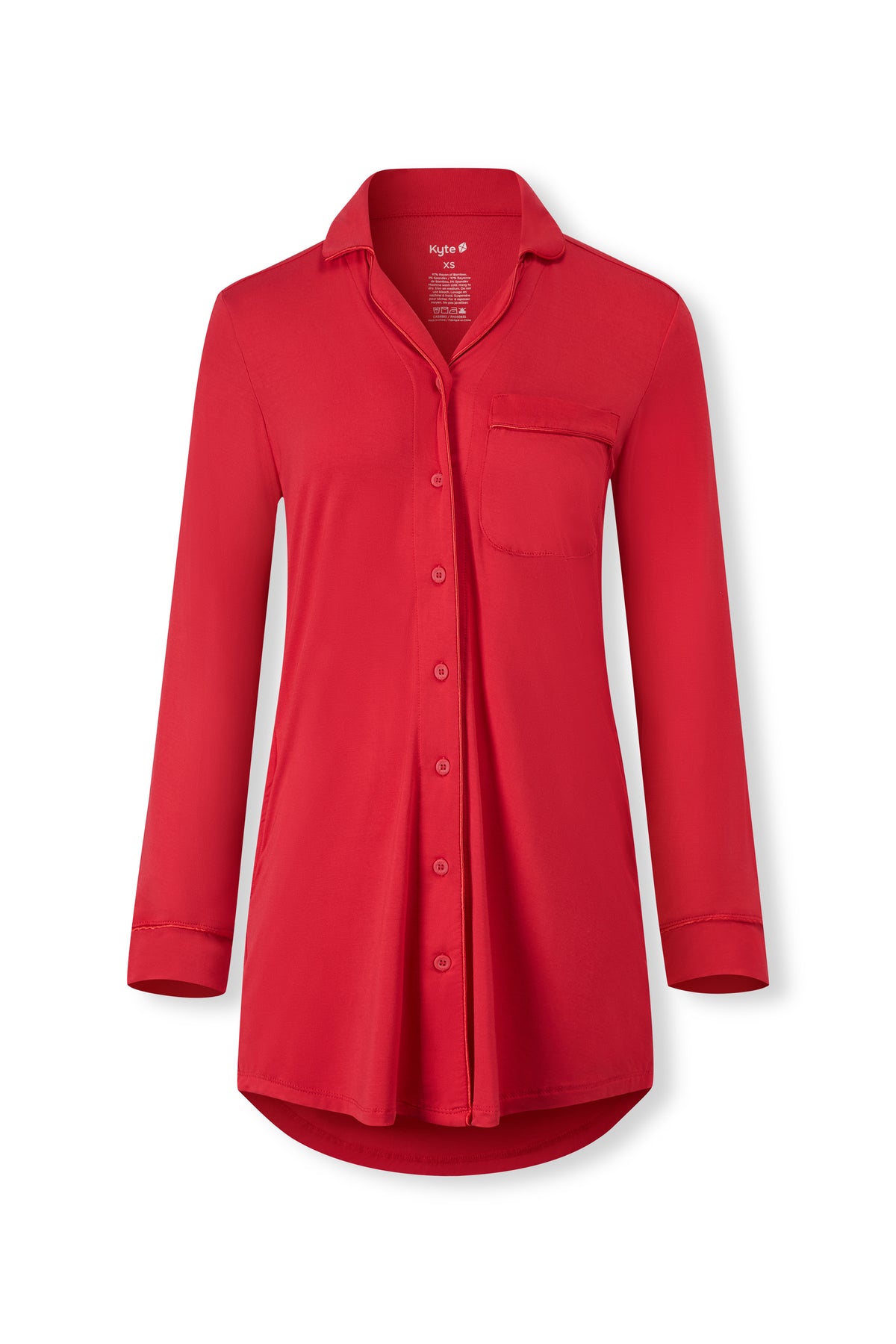 A bright red long-sleeve button-up shirt with a pointed collar and a single chest pocket, displayed on a clean white background.