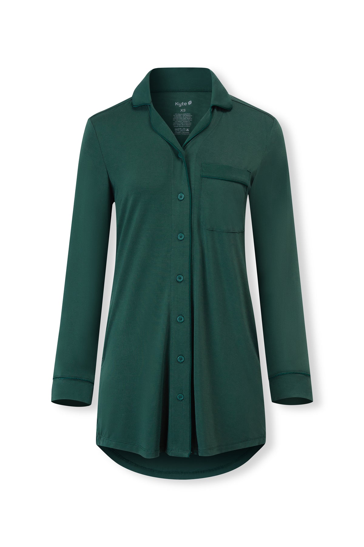 A dark green long-sleeve button-up shirt dress with a collar and a chest pocket, displayed on a clean white background.