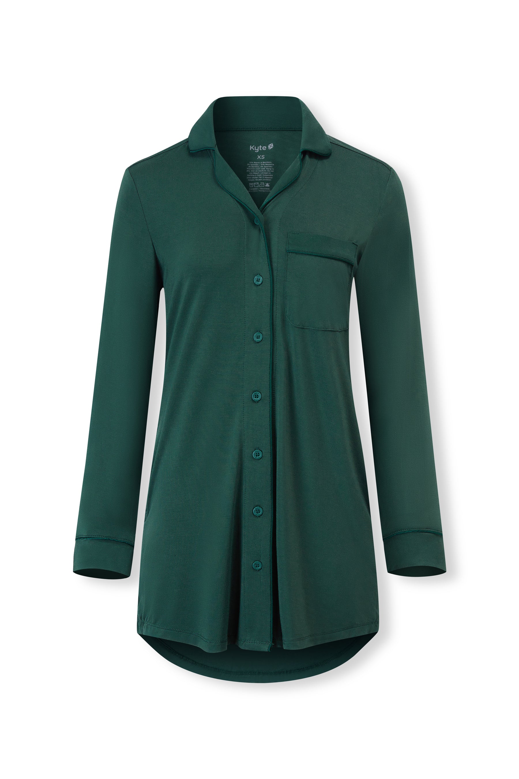 A dark green long-sleeve button-up shirt dress with a collar and a chest pocket, displayed on a clean white background.