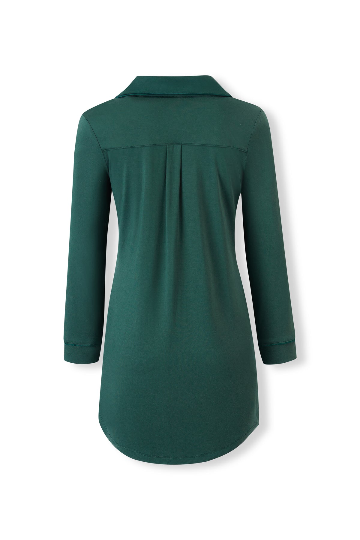 A dark green long-sleeve tunic top with a pointed collar and a subtle center back pleat detail, shown from the back on a white background.