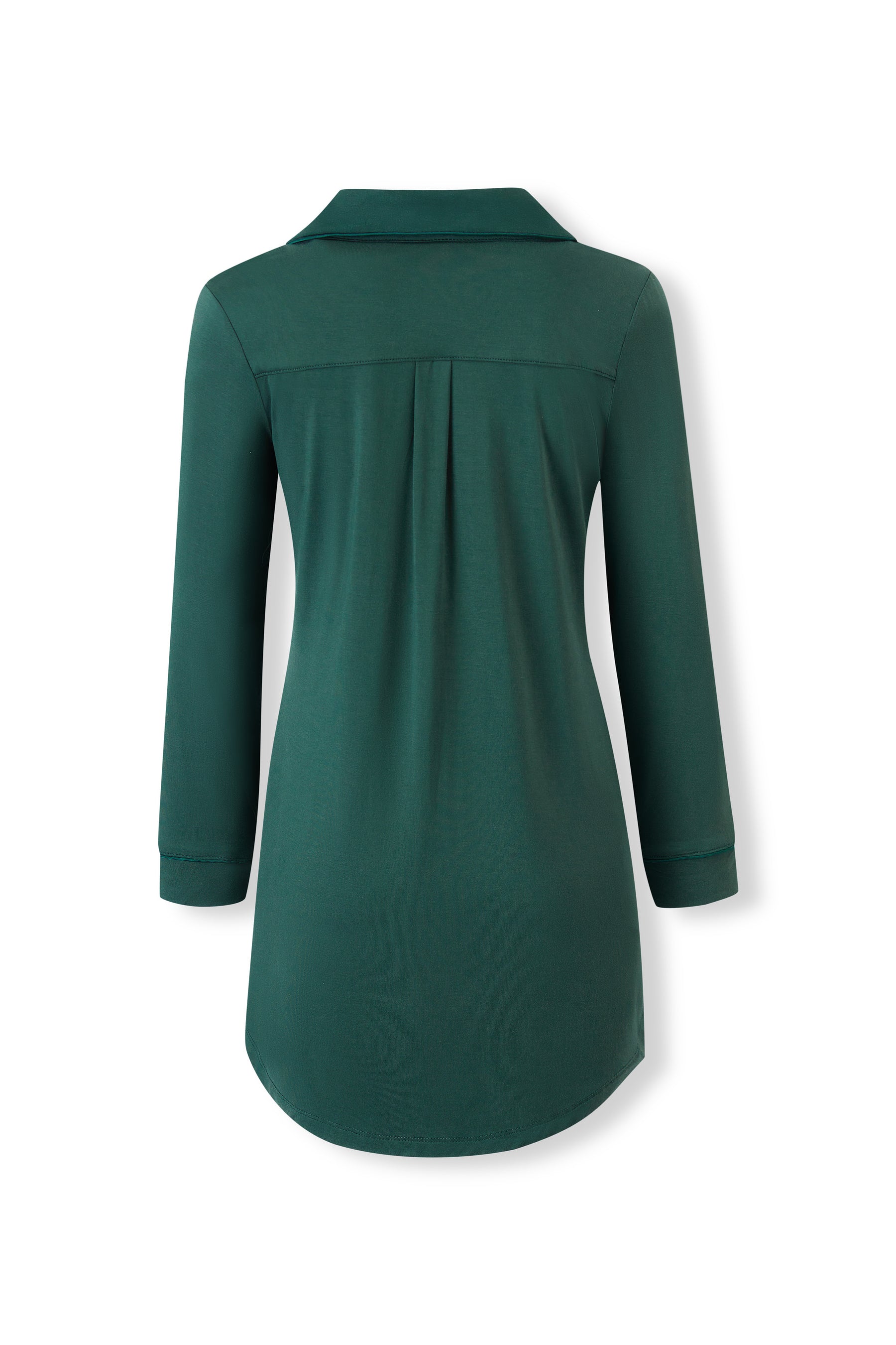 A dark green long-sleeve tunic top with a pointed collar and a subtle center back pleat detail, shown from the back on a white background.