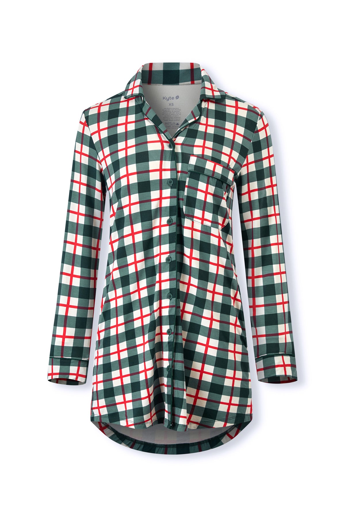 A women's long-sleeve plaid button-up shirt in green, white, and red, shown against a plain white background.