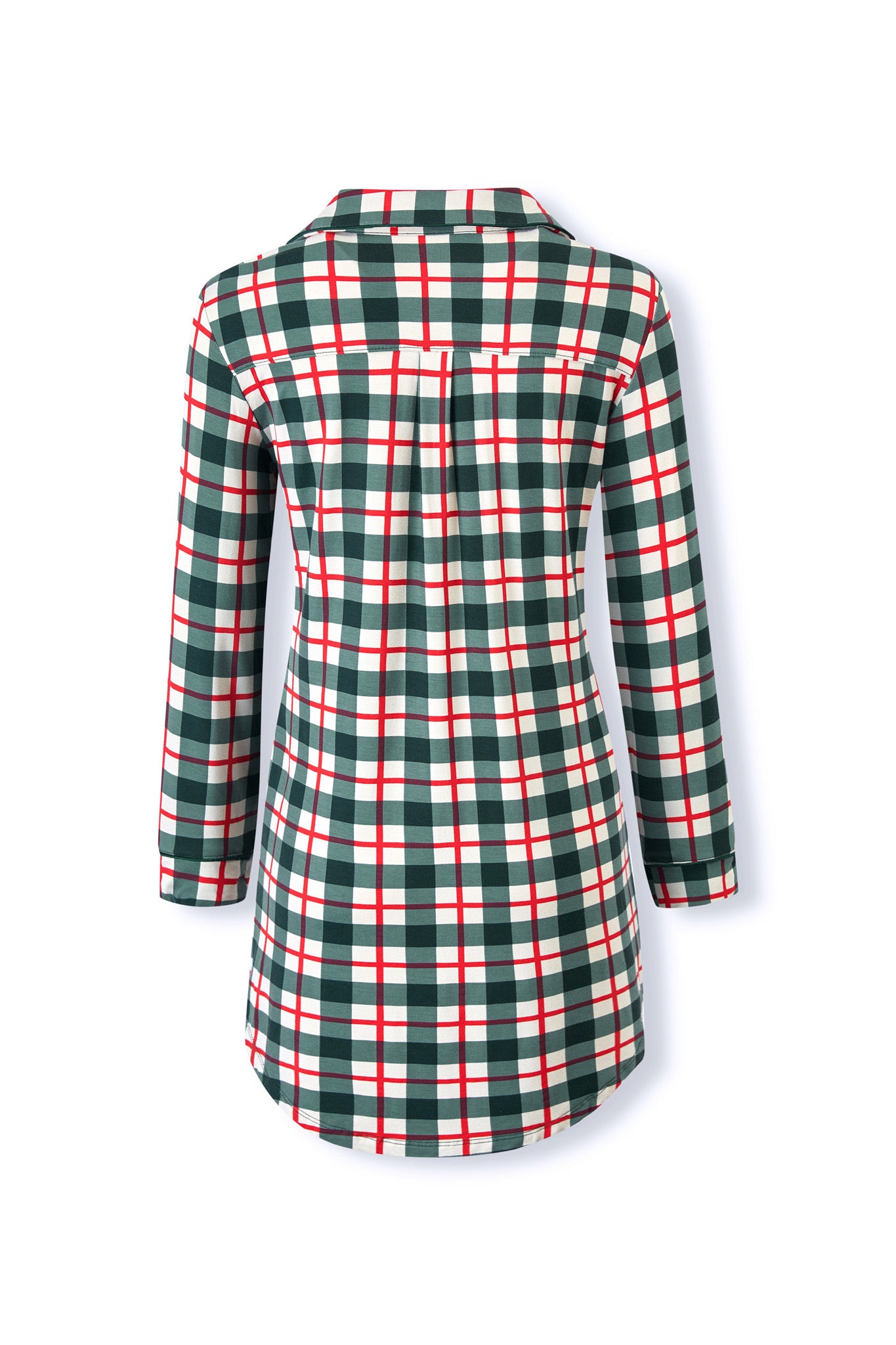 A long-sleeve plaid shirt dress with a green, white, and red checkered pattern, shown from the back on a white background.