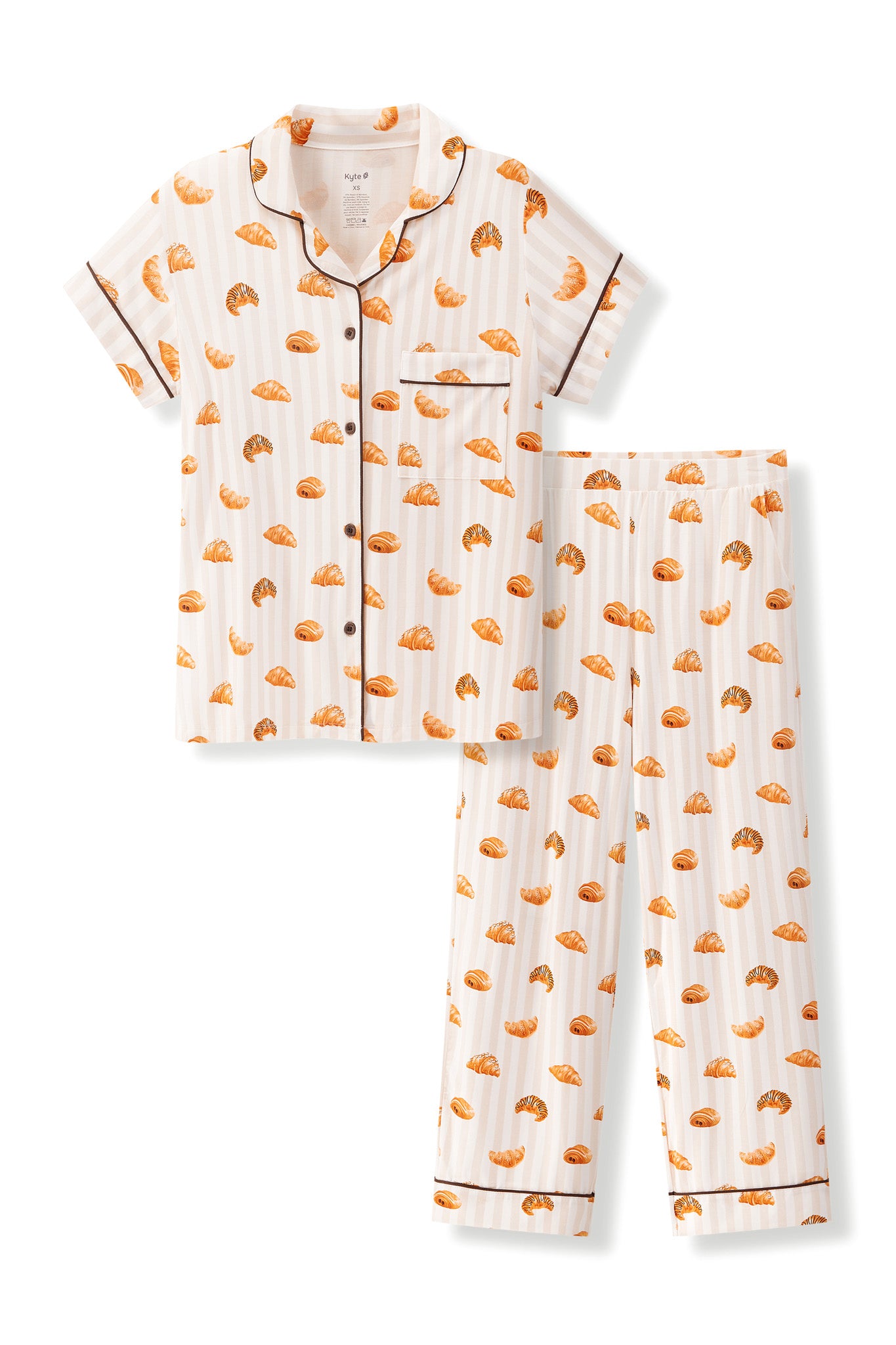 Women's Short Sleeve Cropped Pajama Set in Croissant print on a white background