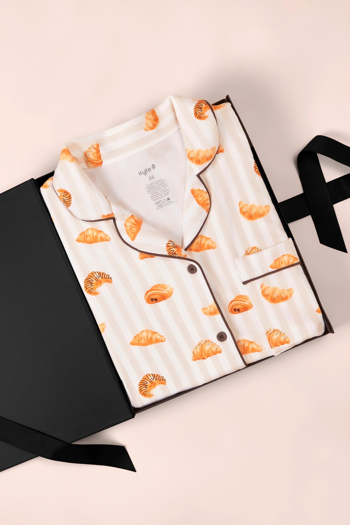 Women's Short Sleeve Cropped Pajama Set in Croissant print on a white background