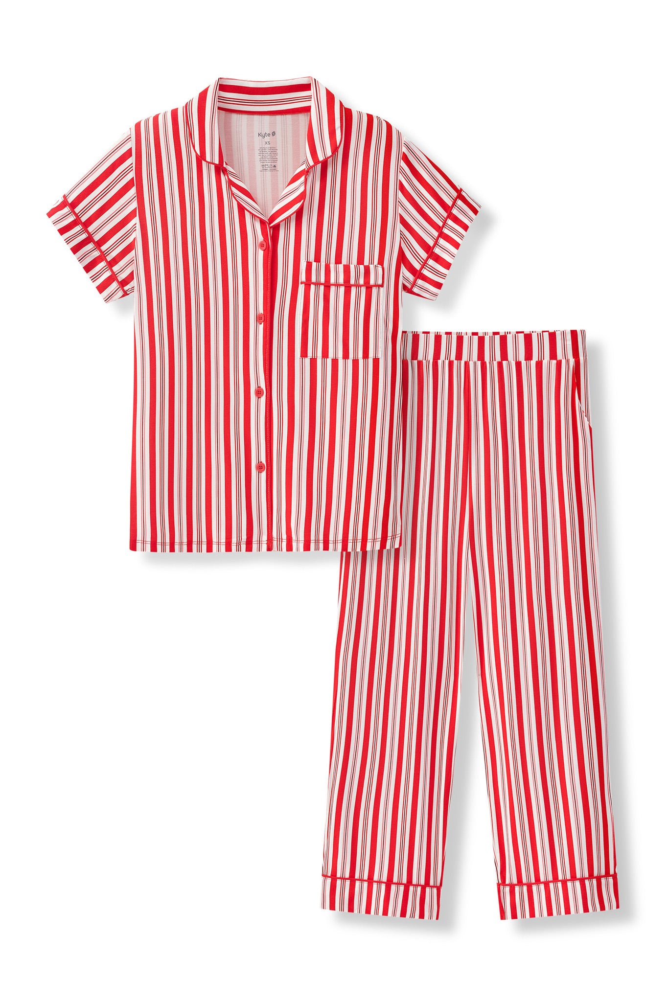 Women's Short Sleeve Cropped Pajama Set in red and white Peppermint Stripes print on a white background