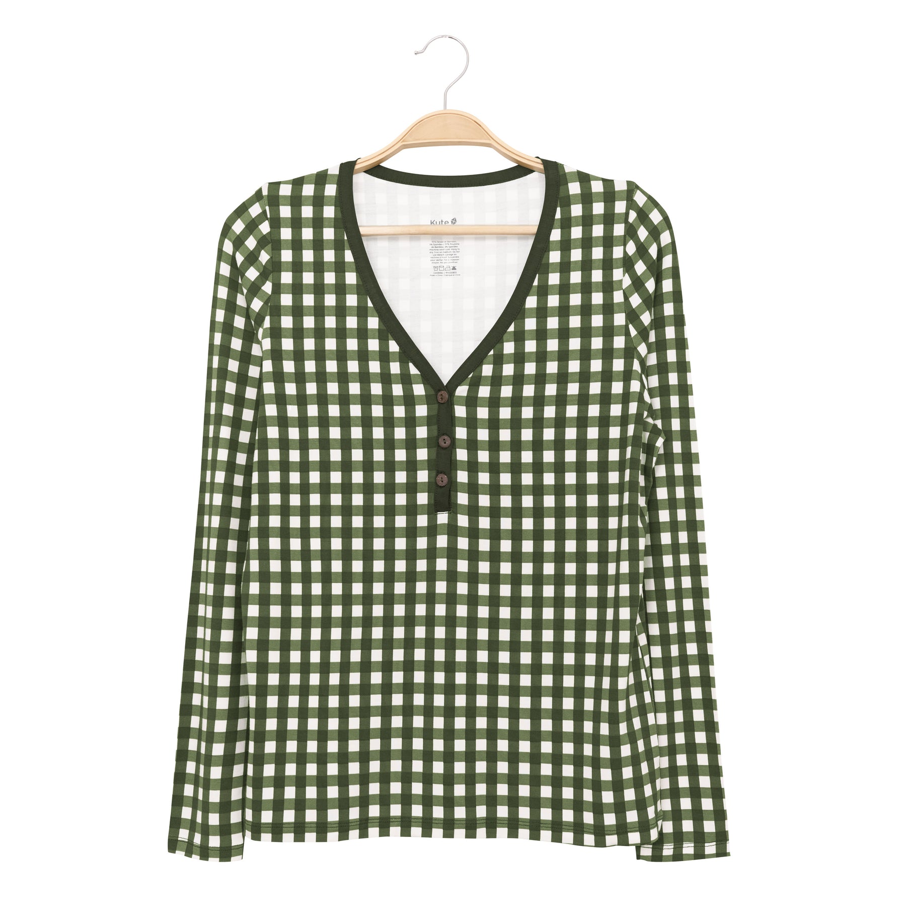 Women's Long Sleeve Henley Tee in Gingham Fir shown hung on a hanger